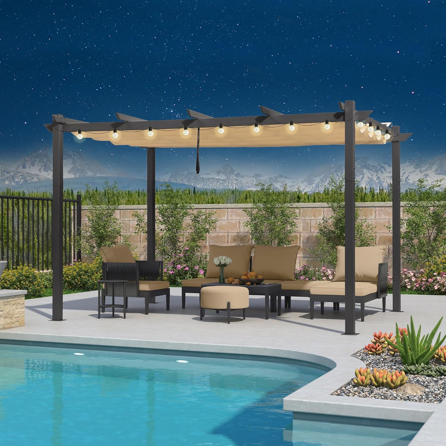 jardinite - Pergola aluminium 4x3m, toit rétractable, éclairage intégré
