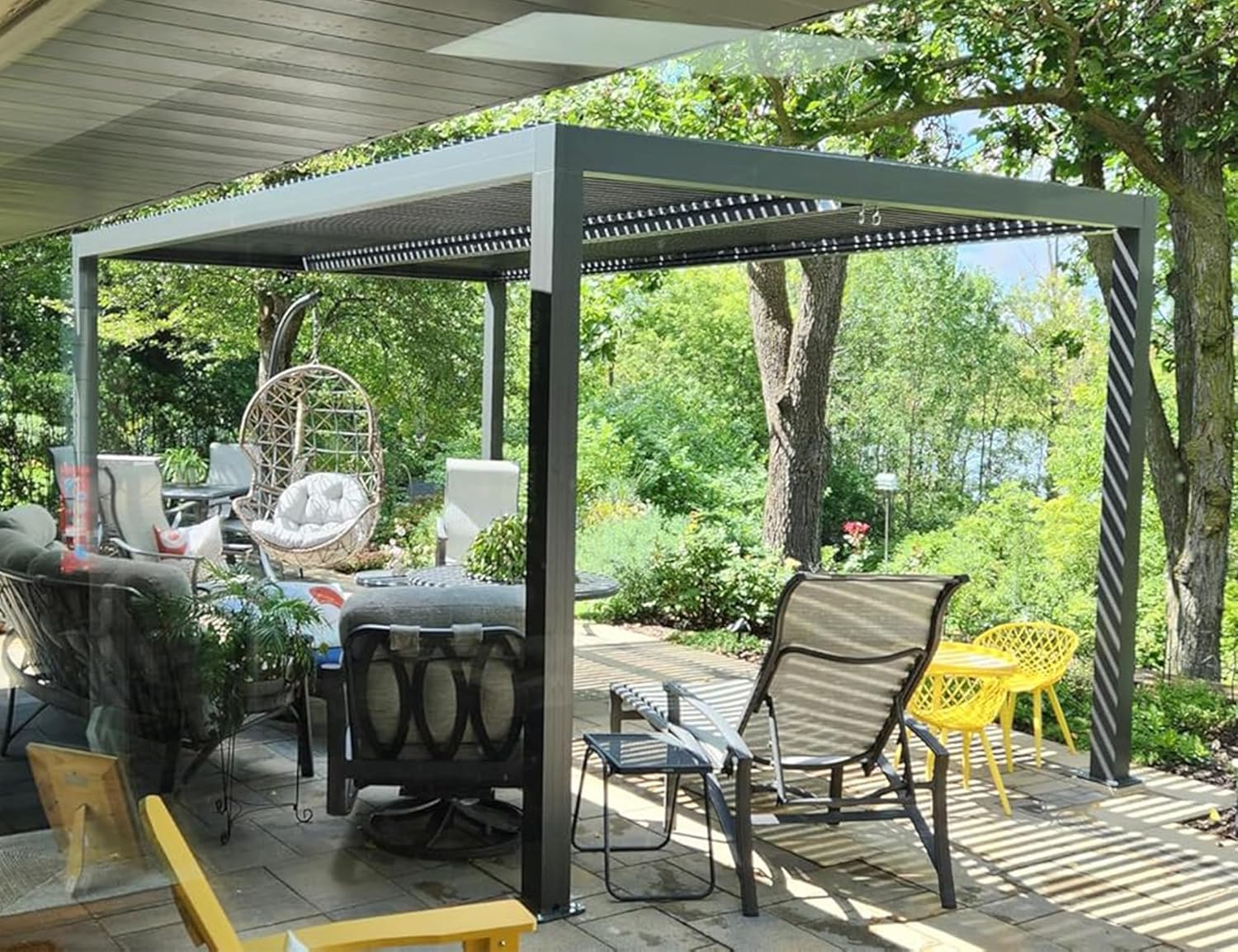 jardinite - Pergola bioclimatique - 4,8x3 m - stores enrouleurs, lames orientables, gris