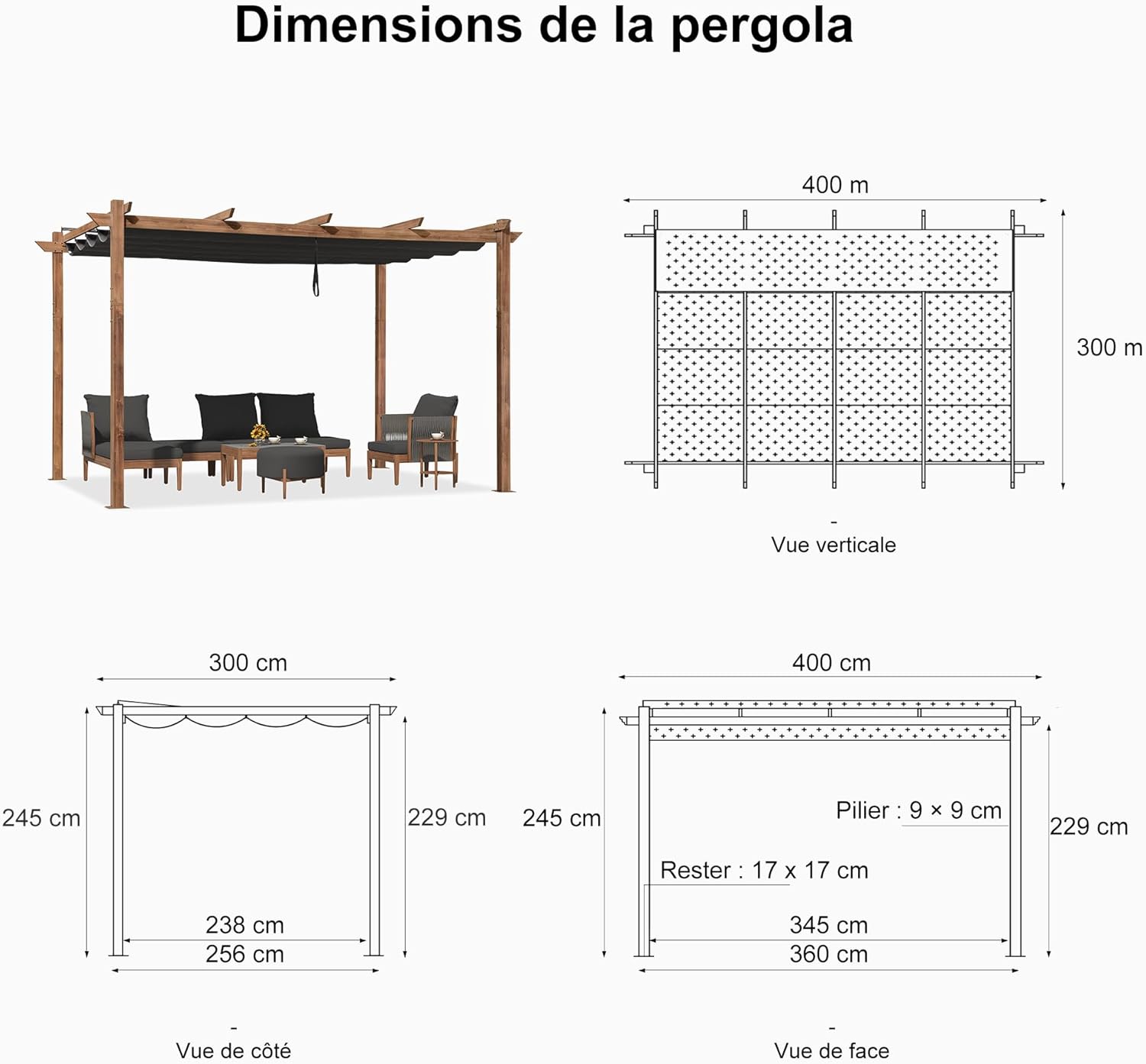 jardinite - Pergola aluminium - 4x3m - toile rétractable, teck, imperméable