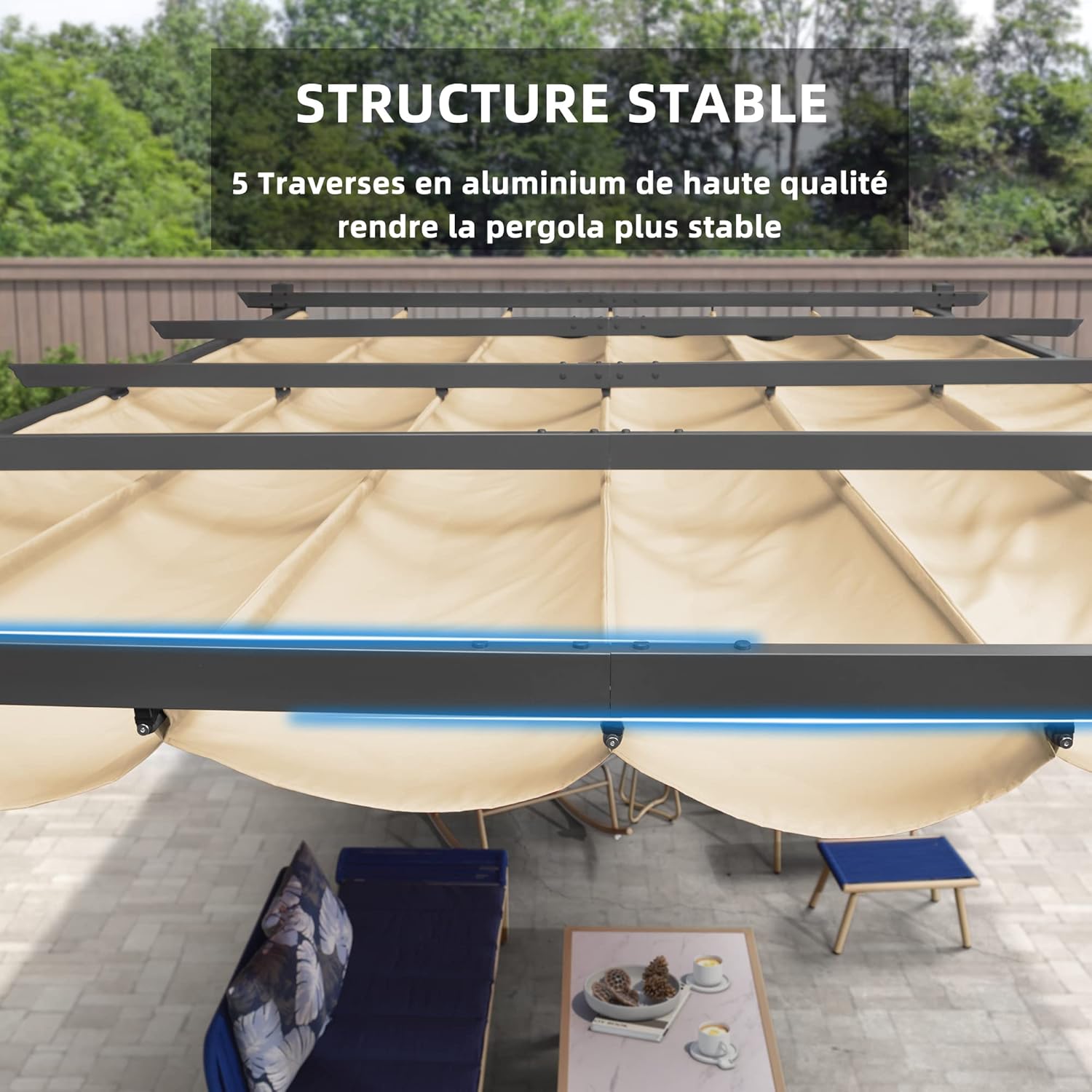 jardinite - Pergola aluminium LED, toit rétractable, 4x3m, kaki