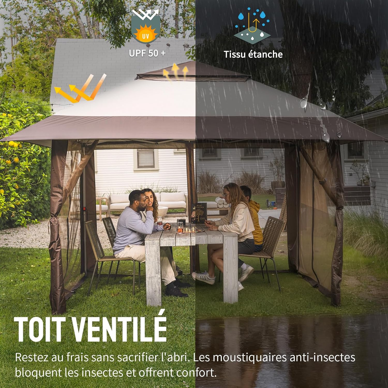 jardinite Tonnelle de Jardin 4 x 4 m, Pop Up Gezebo Exterieur Imperméable, Abri de Jardin Réglable en Hauteur, Double Toit avec Côtés en Maille Zippée, Sac de Transport, Beige