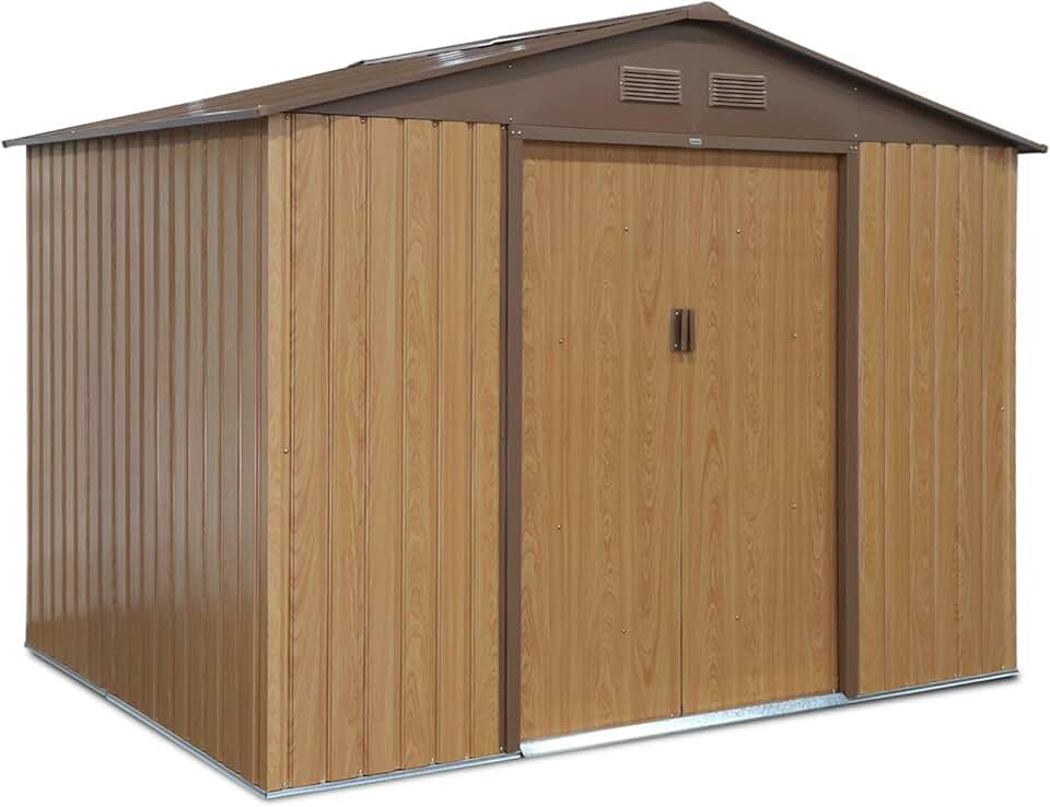 jardinite - Abri de Jardin en métal - FERRAIN 5.29m² Couleur chêne - Cabane à Outils avec Deux Grandes Portes coulissantes. kit de Fixation Sol Inclus. Maison de Rangement. Remise