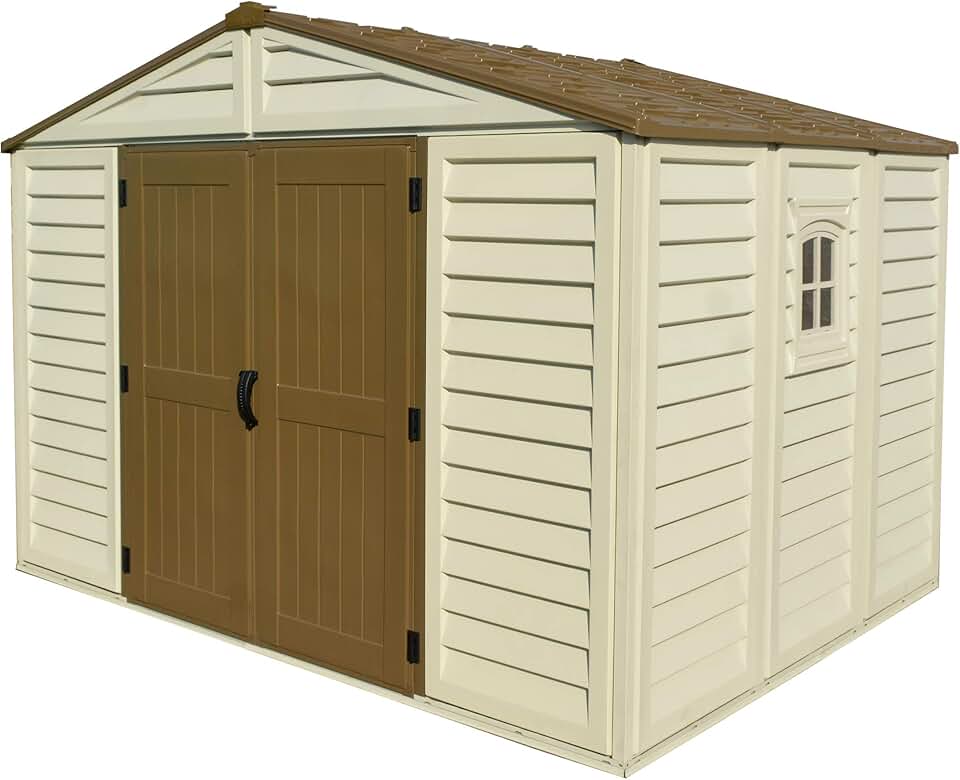 Abri de jardin en plastique Plus 10 x 8 (7.64 m²) avec 1 fenêtre fixe et kit de fondation en métal, structure de toit en métal robuste et abri de jardin sans entretien - Ivory/Brown
