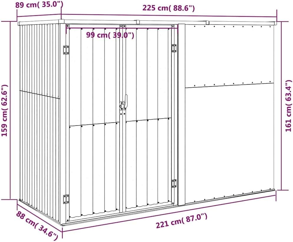 Abri de jardin marron 225x89x161 cm acier galvanisé robuste 36.62KG