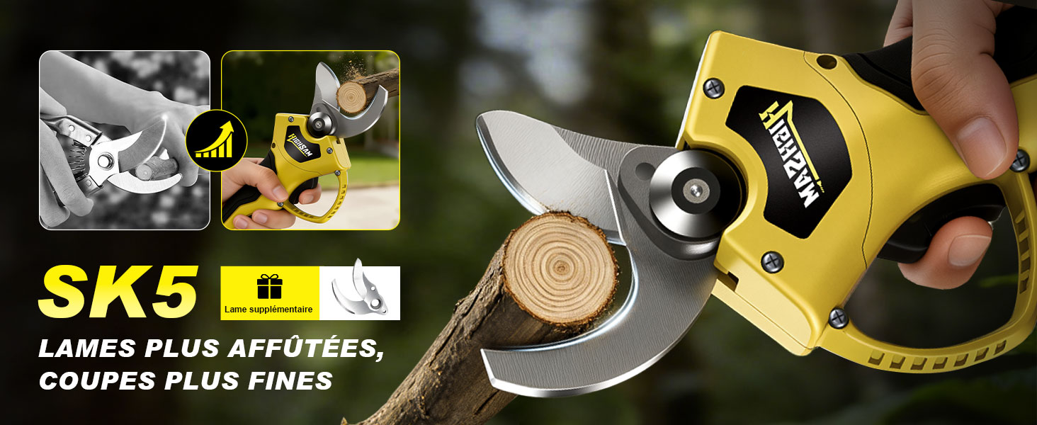 Le texte indique « SK5 » et « LAMES PLUS AFFÛTÉES, COUPE PLUS FINE ». Plusieurs photos de produits montrant un outil de coupe rotatif professionnel jaune utilisé sur différentes surfaces.