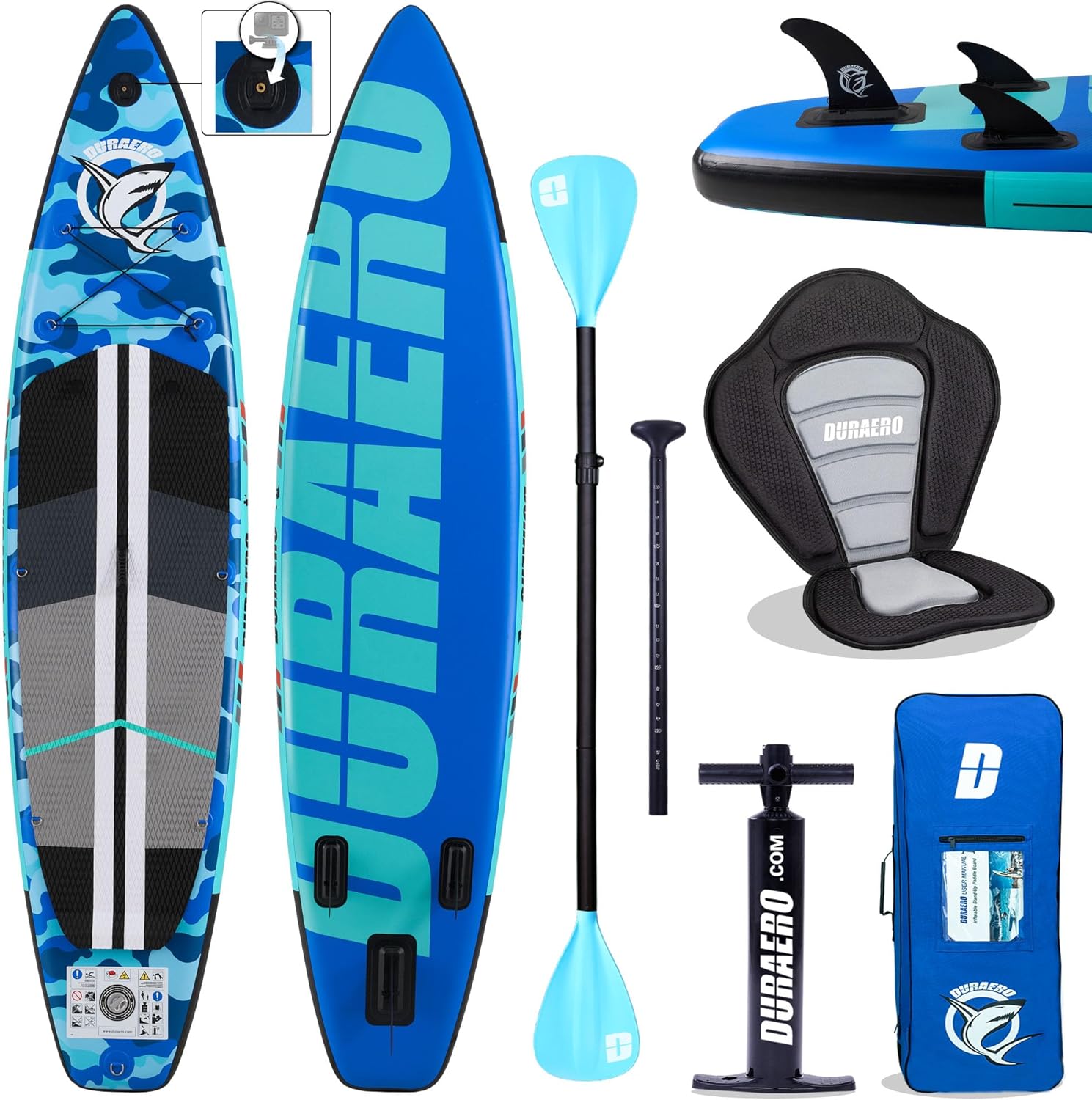 Siège de Kayak Gonflable Stand Up Paddle et Support de caméra, pagaie 2 en 1 330x76x15cm, Pompe jusqu'à 150kg avec Sangle de Pied, Sac à Dos