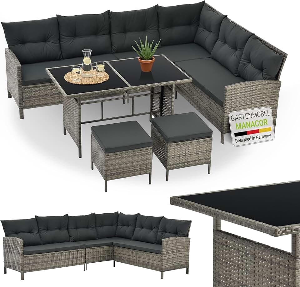jardinite - Salon de Jardin Manacor - 7 places - Canapé, table, tabourets, coussins, housses, polyrotin gris