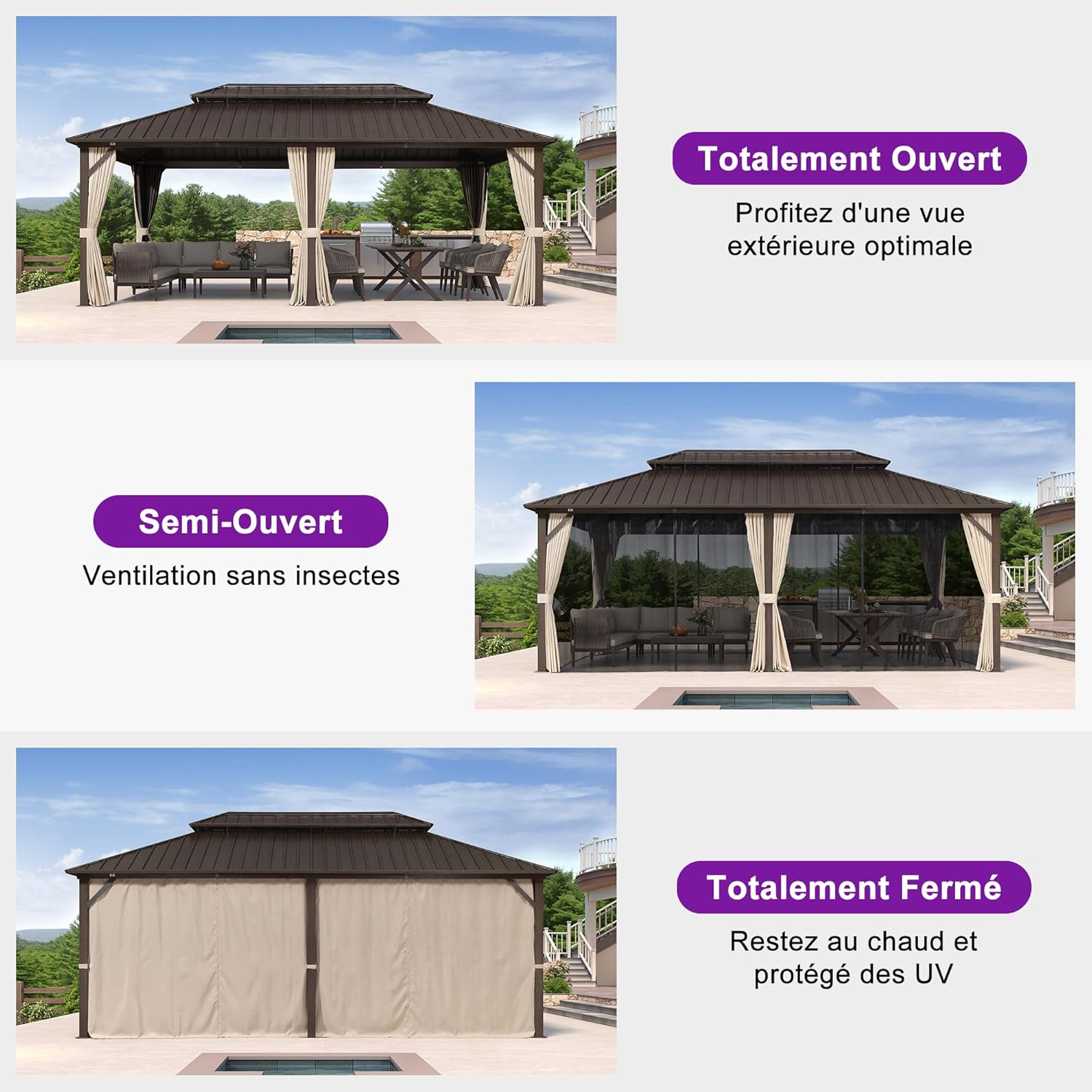 jardinite - pergola double toit rigide 6x3,65m, aluminium, guirlande, rideaux