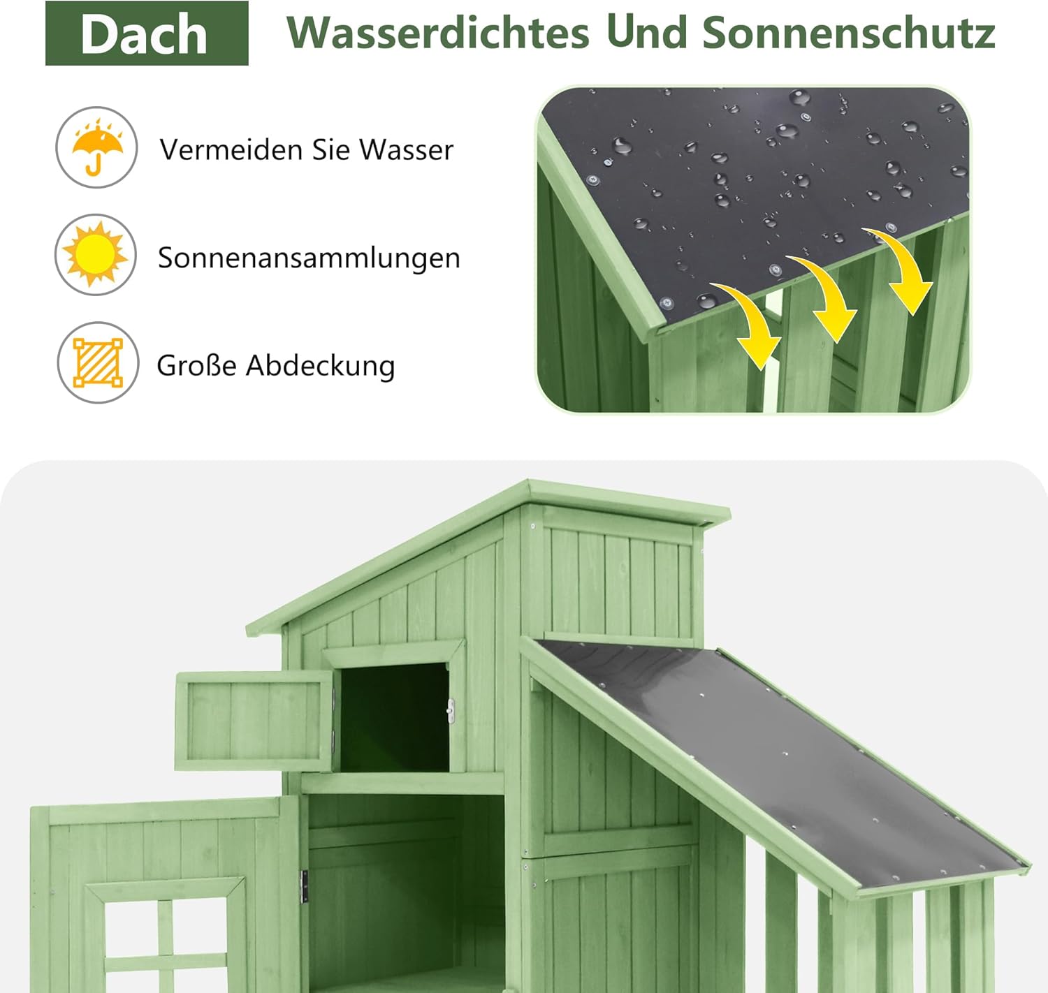 Abri de Jardin en Bois, Cabane de Jardin avec PVC à Structure en Forme de Selle, Coffre de Jardin avec Fondation et 2 étagères de Rangement, Armoire Outils de Jardinage, 124x46x174cm Vert