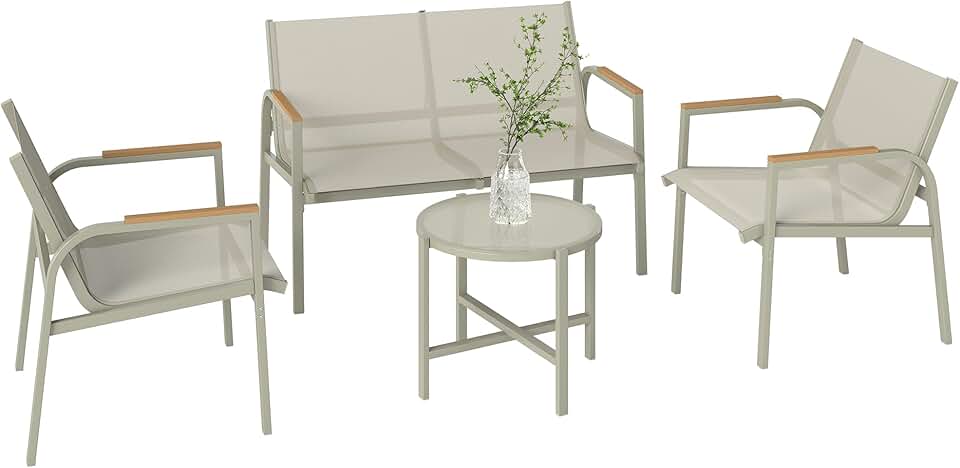 jardinite - Salon de jardin 4 pièces textilène - 2 places, 2 fauteuils, table verre, vert