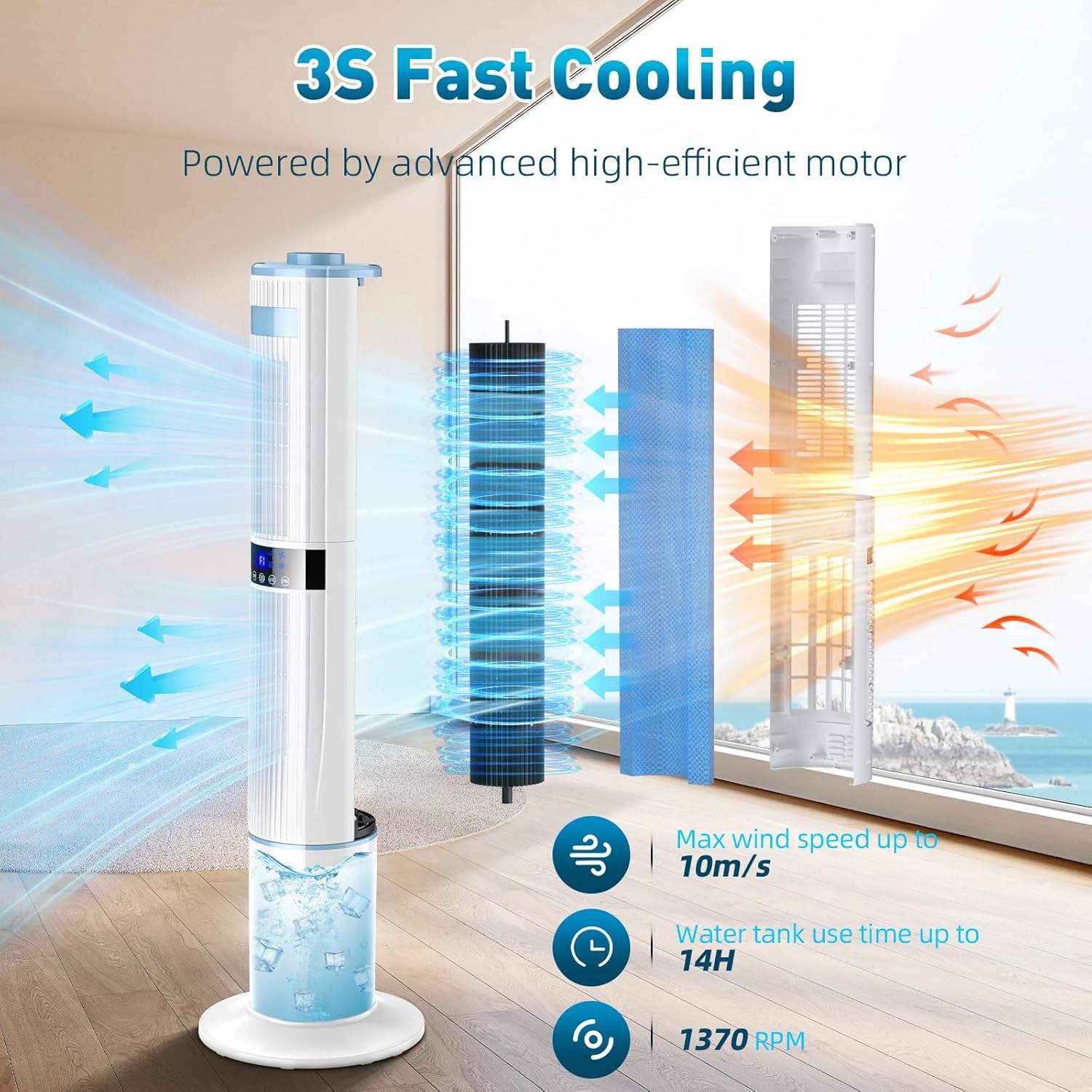 Climatiseur mobile - 2 sorties, oscillation 360°, 65W, 24h minuteur, 3 modes, 3 vitesses, télécommande - pour chambre, b