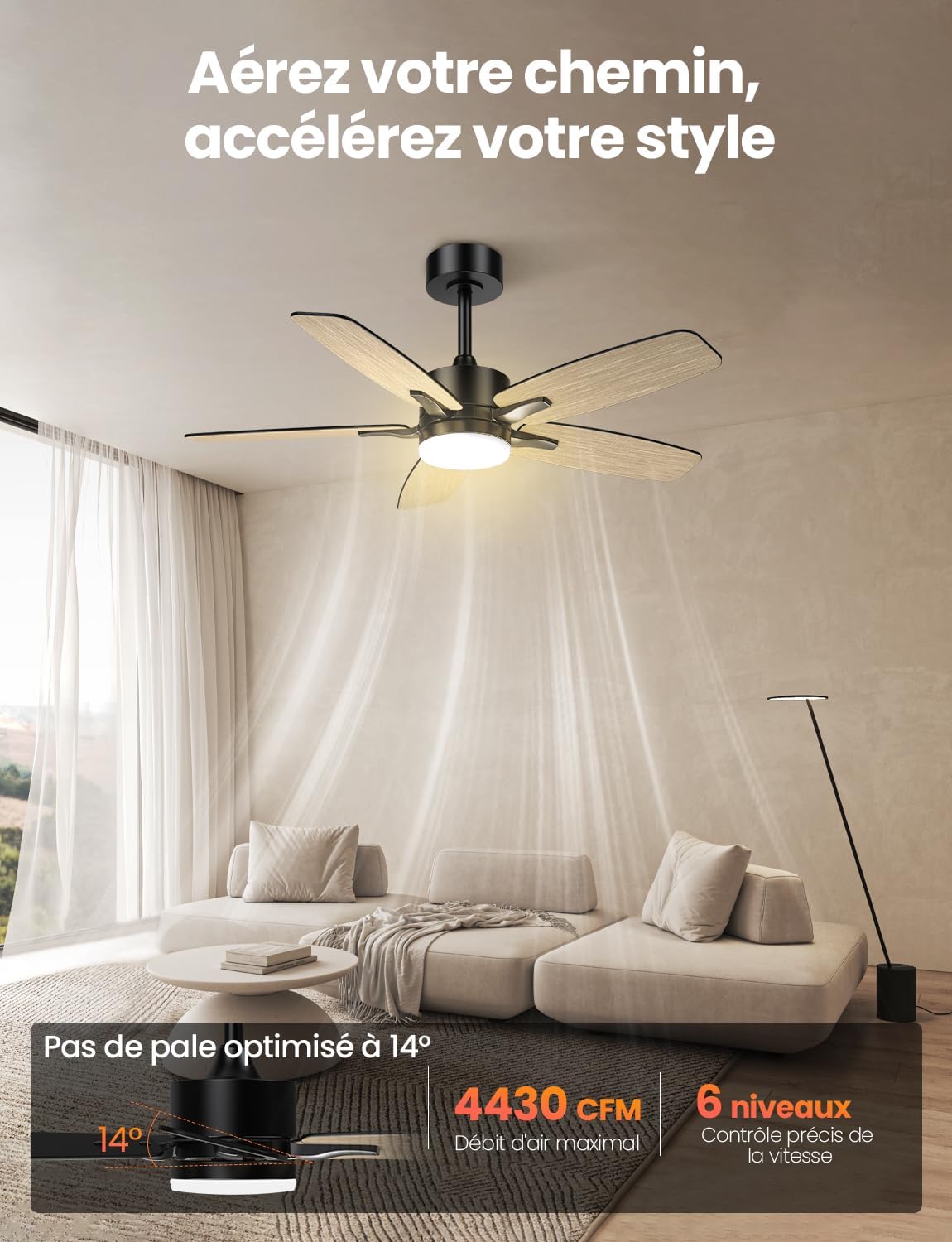 Ventilateur plafond LED 106cm, 5 pales bois/noir, télécommande, minuterie, 6 vitesses