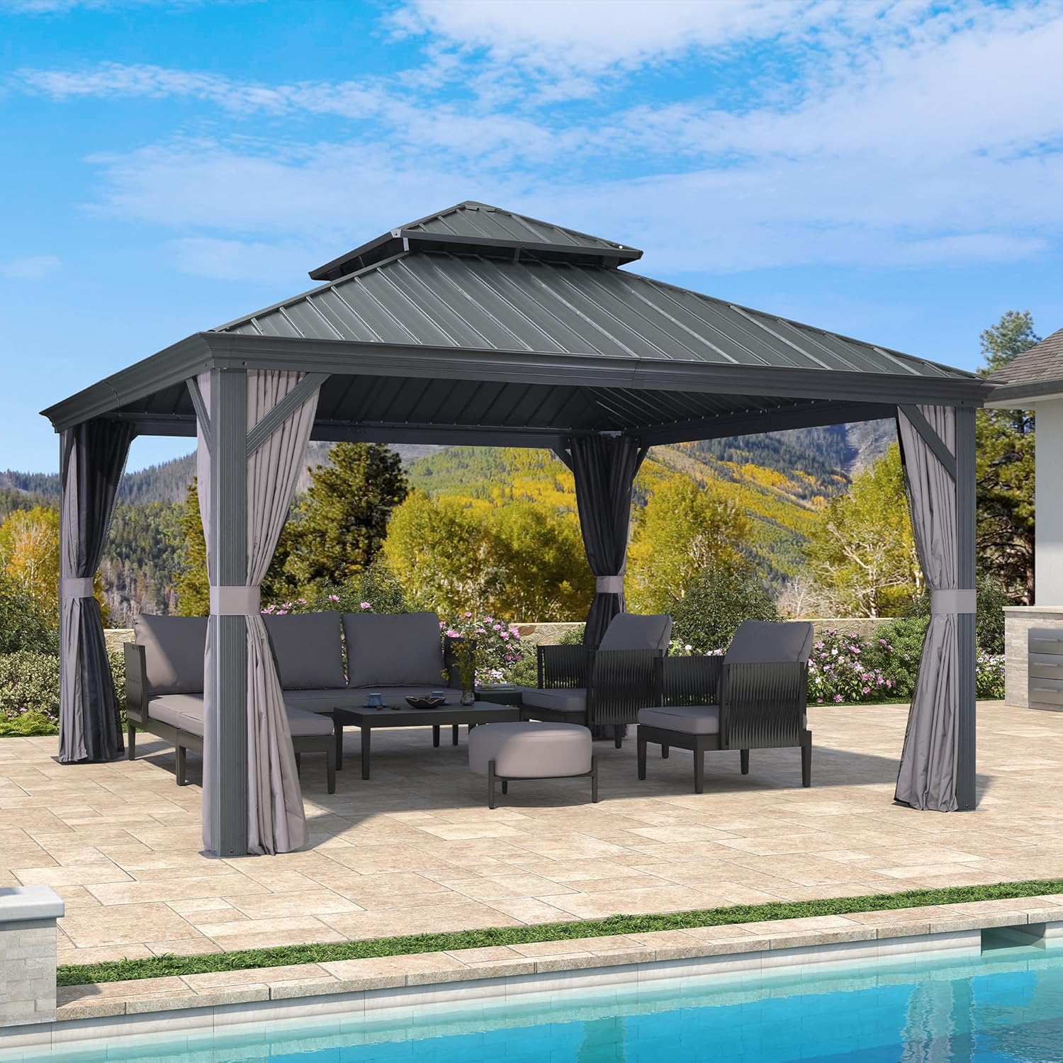 jardinite - tonnelle double toit acier 4x4m, rideaux, moustiquaire