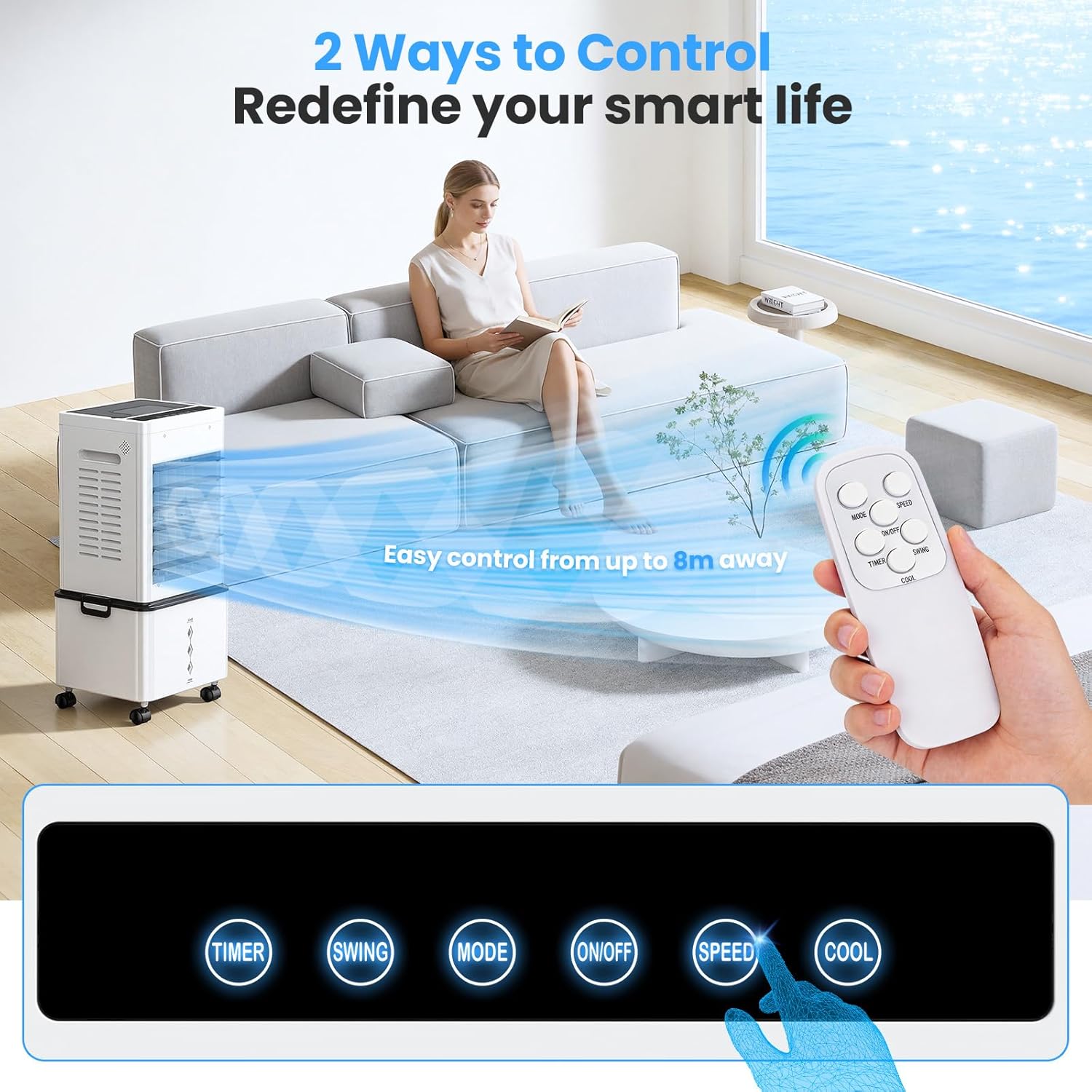 Climatiseur mobile 3-en-1, 12L, 6 vitesses, télécommande, 24H timer