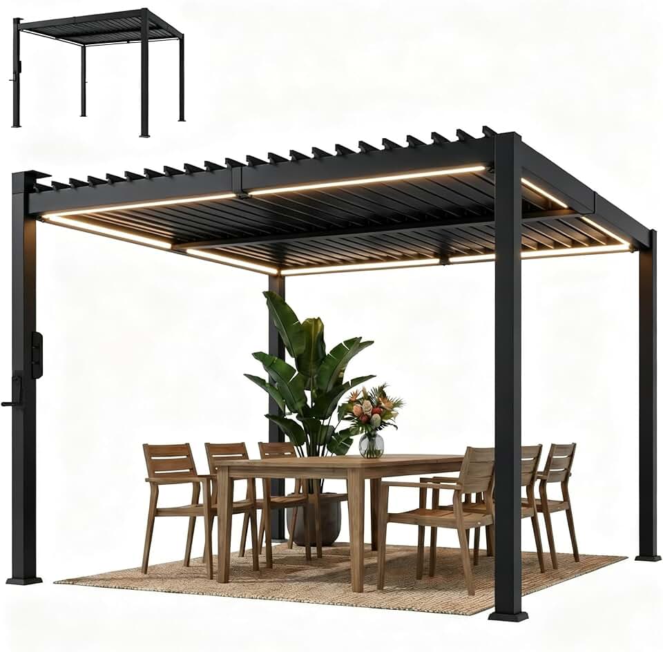 jardinite - Pergola bioclimatique 3x3m - LED solaires, lames orientables, toit métal, gouttières