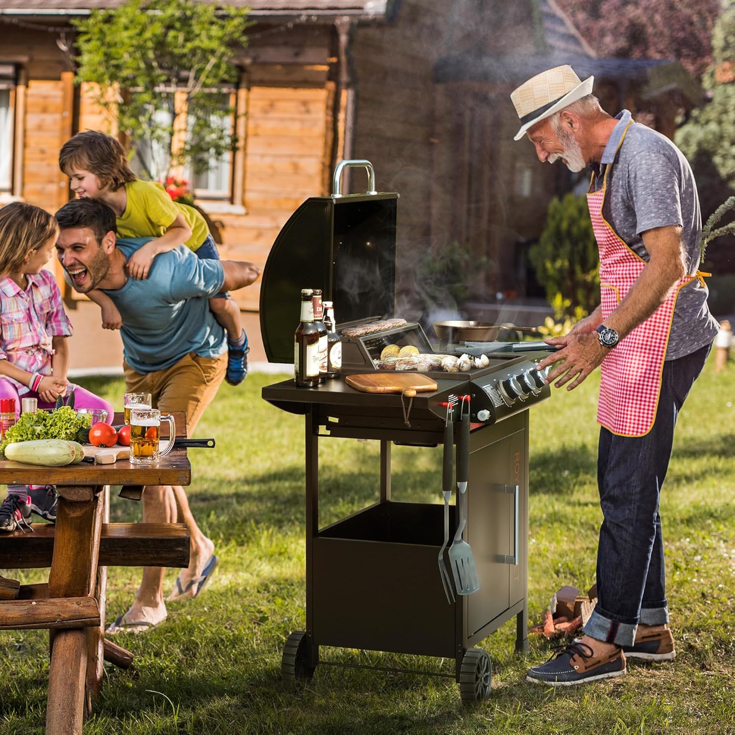 jardinite - barbecue gaz 3+1 brûleurs inox - 11,5 kW - chariot, 2 roues, thermomètre