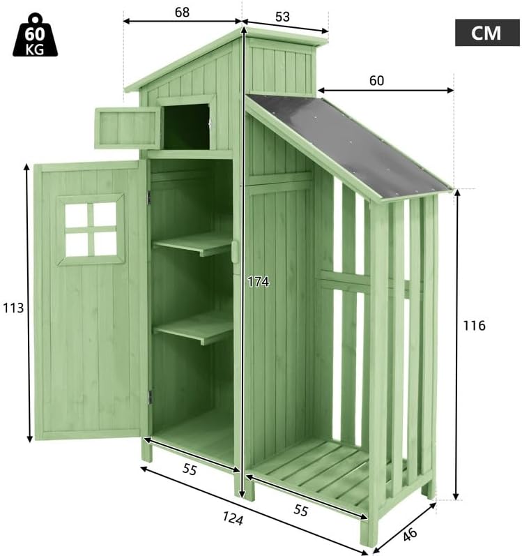 Abri de Jardin en Bois 124x46x174cm,Rangement Outils de Jardin,Cabane de Jardin Extérieur avec Serrure en PVC incliné à loquet,Vert