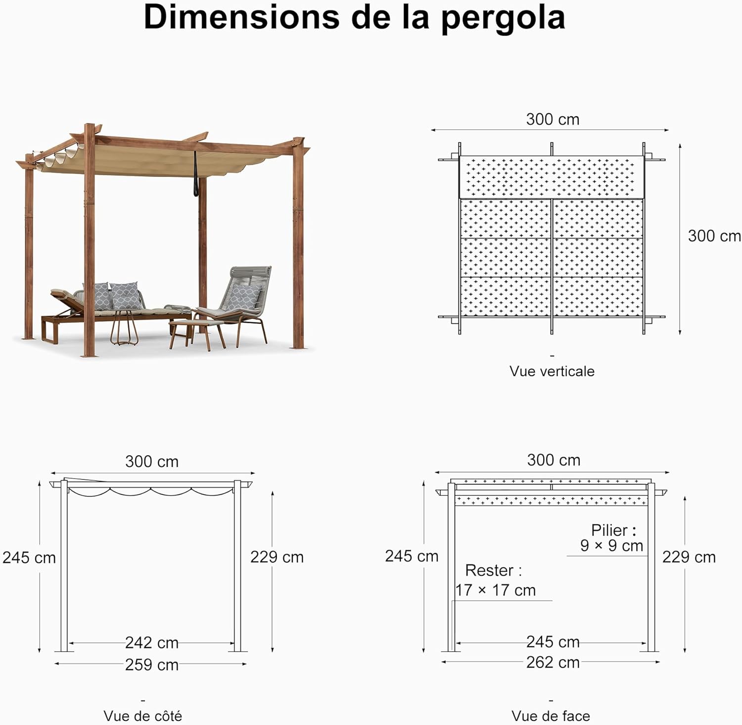 jardinite - pergola aluminium - 3x3m - teck, toile rétractable, kaki