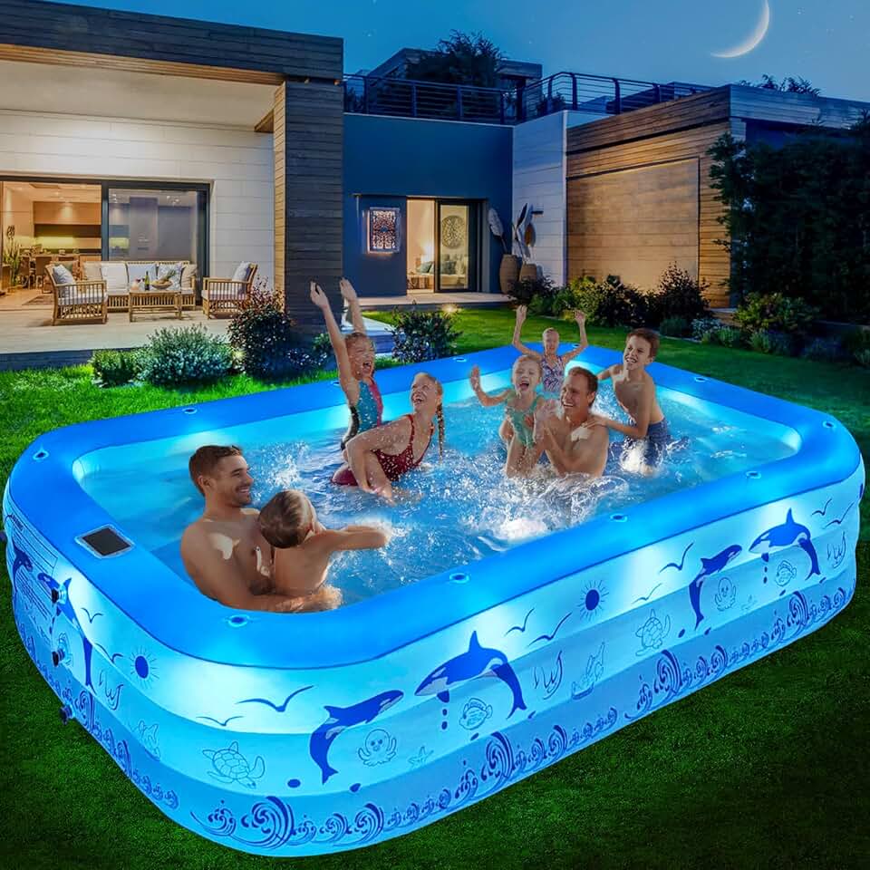 jardinite Piscine Gonflable Adulte avec Lumières, Solaire Familiale Piscines Gonflables Rectangulaire avec 12 Mode D'éclairage,240x150x55CM Grande Piscine Gonflable Enfant, Pataugeoire Bebe pour Jardin