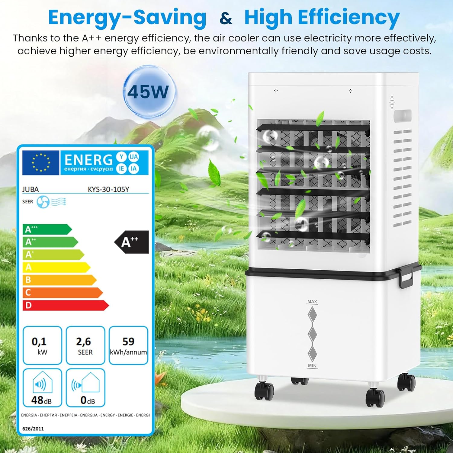 Climatiseur mobile - refroidisseur évaporatif 12 L - 6 vitesses, télécommande, minuterie 24h, 45W