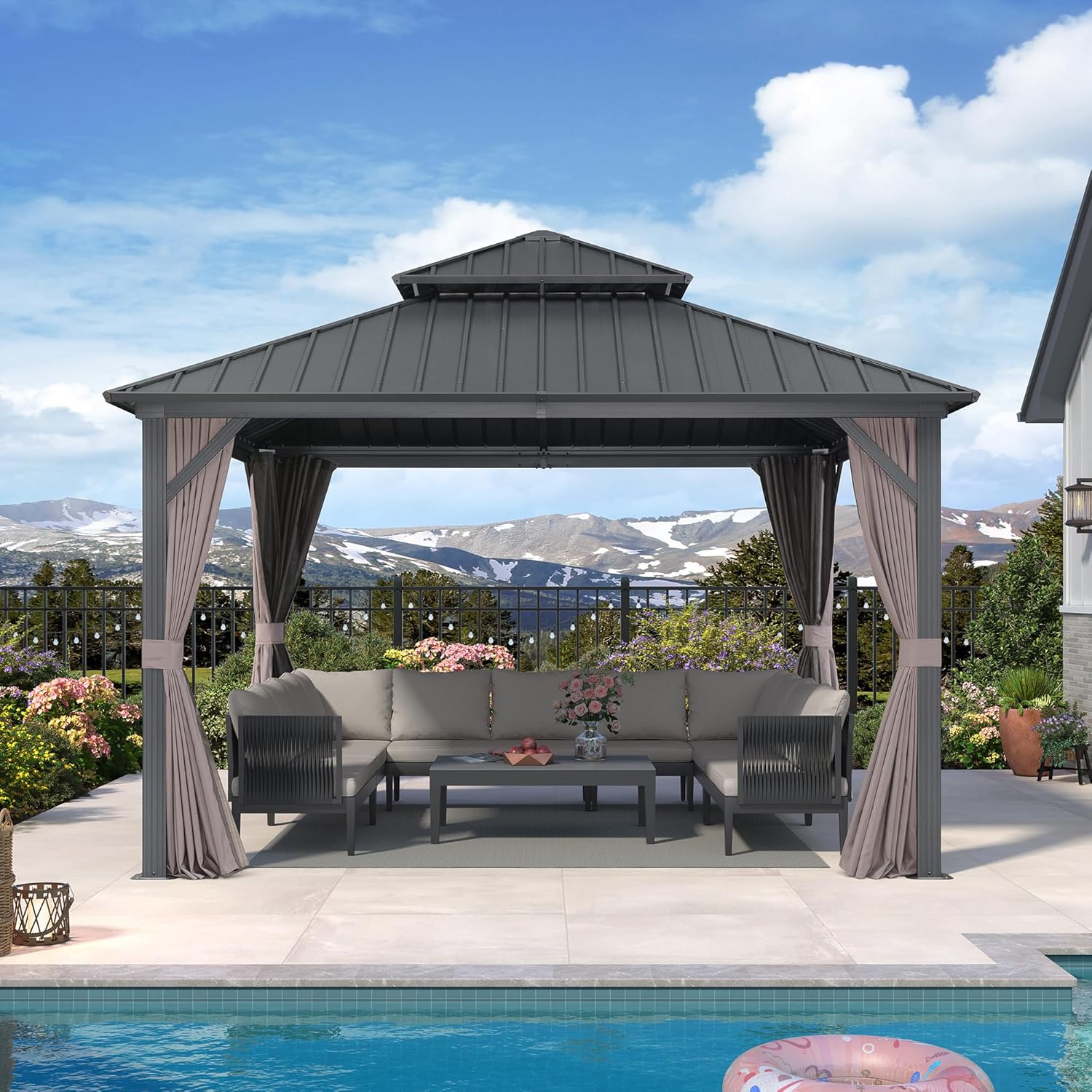 jardinite - Pavillon jardin double toit alu 3,65x3,65m, rideaux, moustiquaire