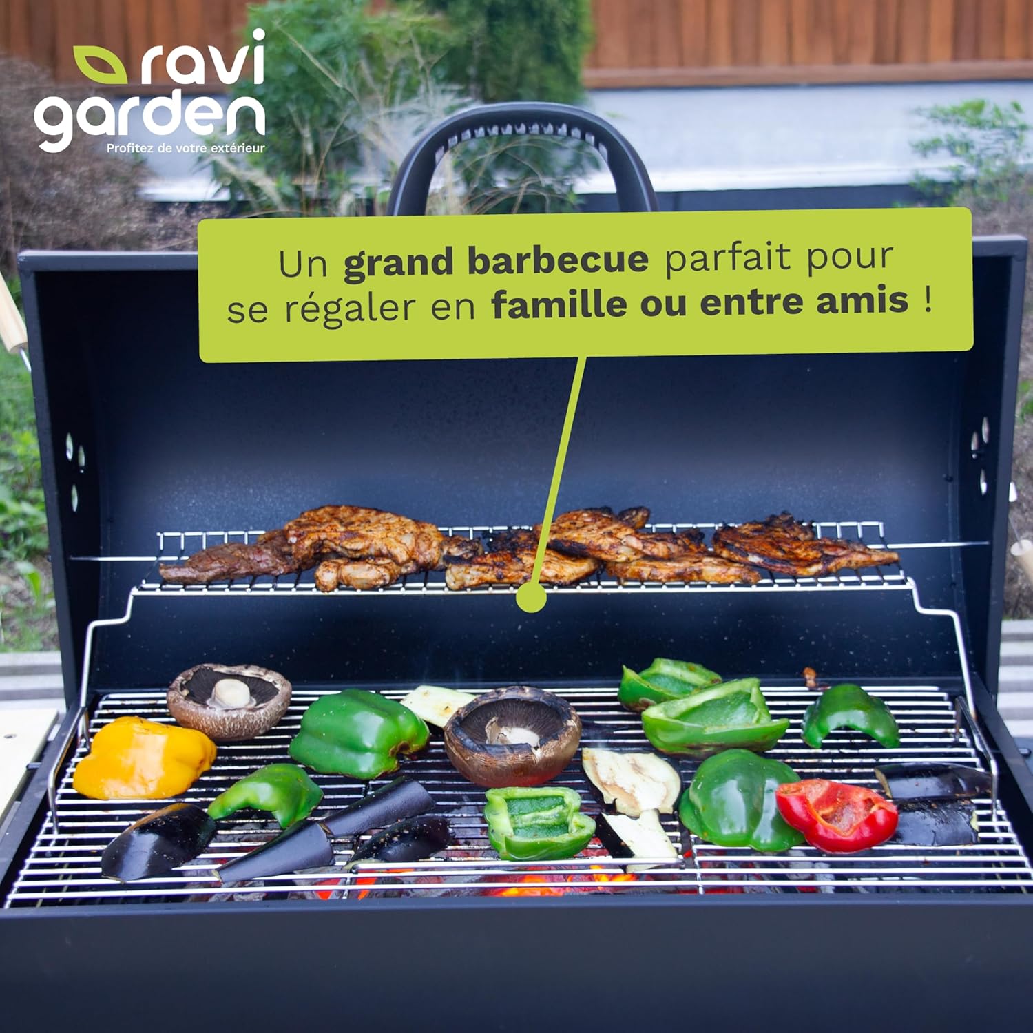 Barbecue charbon de bois XXL - 71x38 cm - couvercle, 2 tablettes, récupérateur de cendres