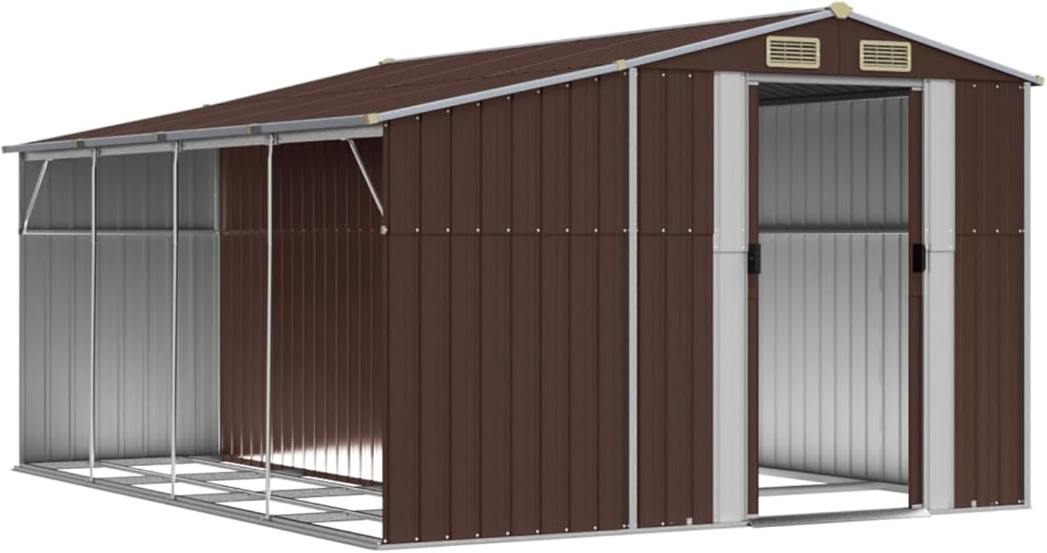 Abri de jardin en acier galvanisé pour outils, bûches et bunker à charbon – Toit incliné durable pour l'extérieur – 277 x 365,5 x 179 cm – Marron