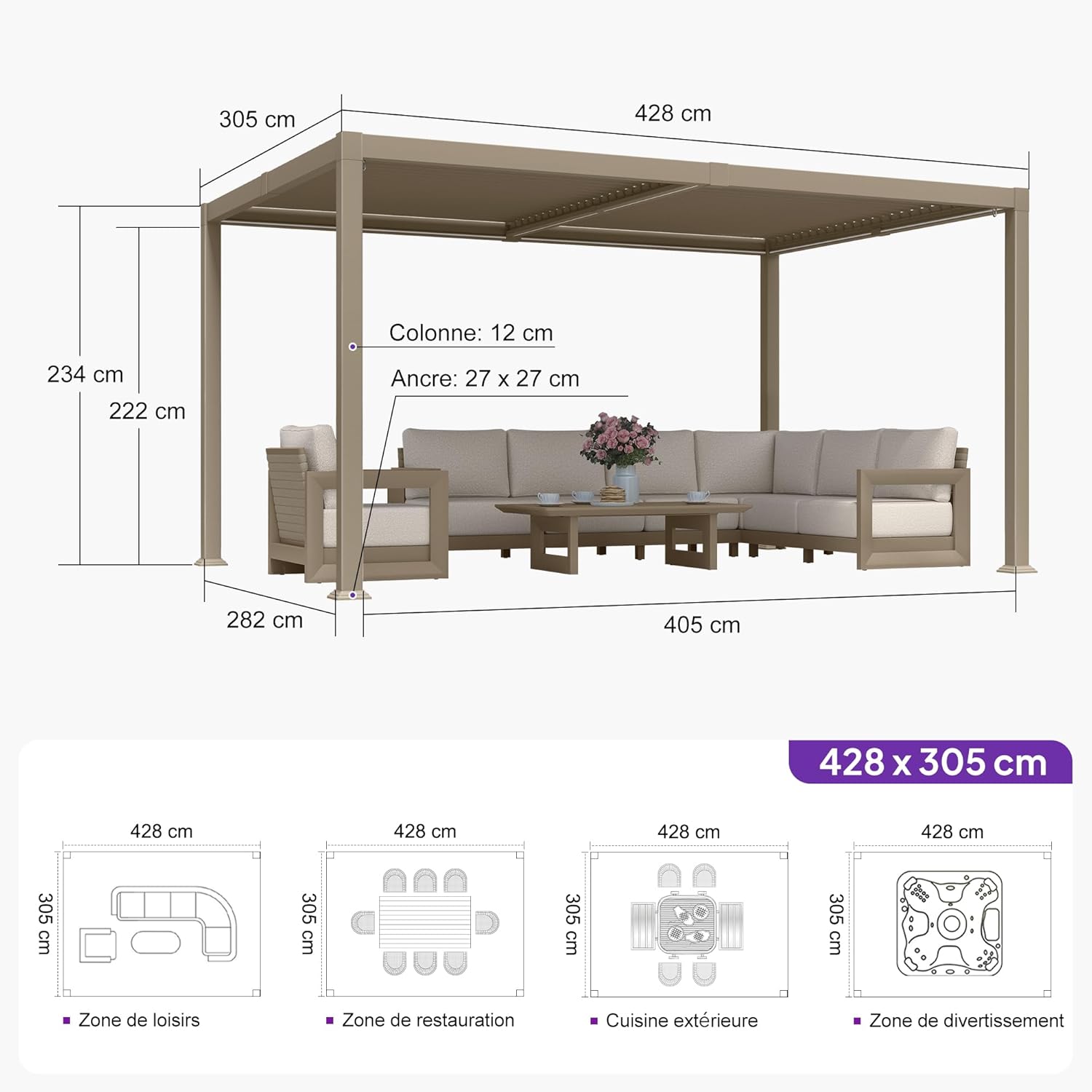jardinite - pergola bioclimatique LED - 3x4,25m - aluminium, lames orientables, anti-UV, sans entretien