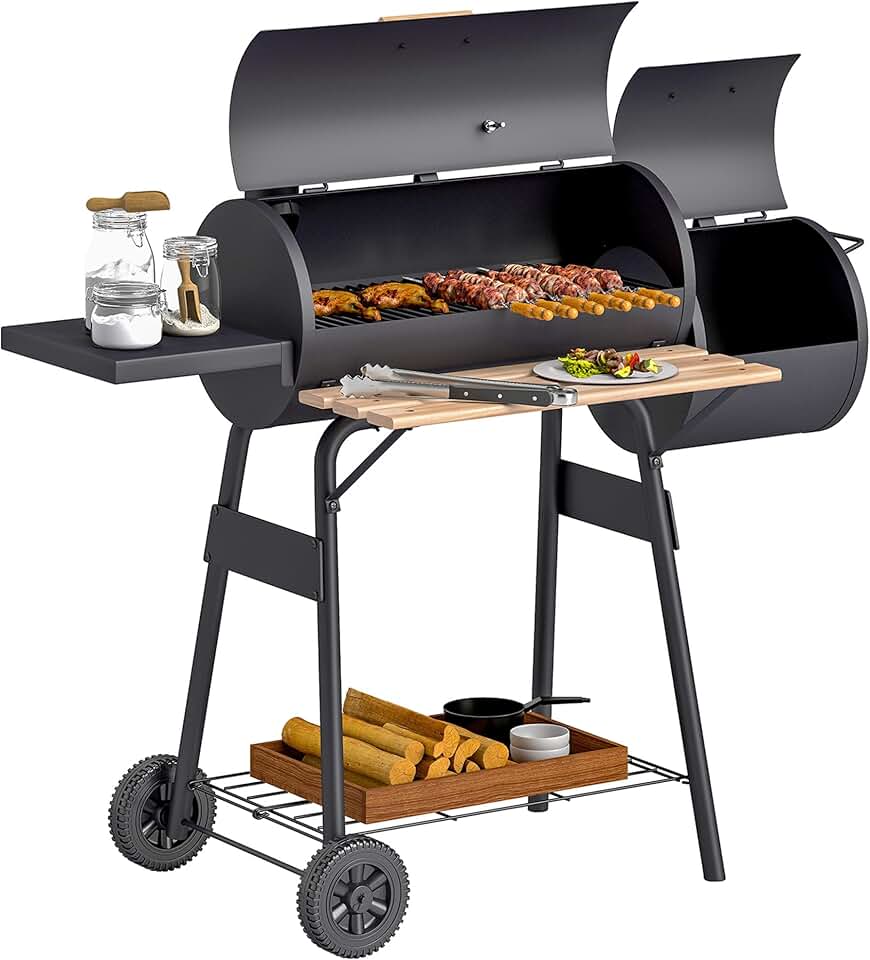 jardinite - barbecue fumoir sur pied - acier noir - roulettes, étagères, thermomètre