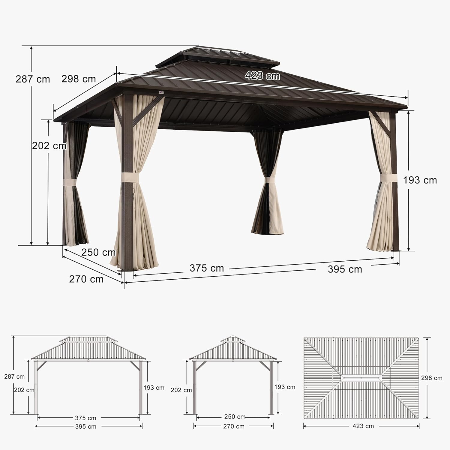 jardinite - Pergola toit rigide - 4,25x3m - acier, aluminium, guirlande