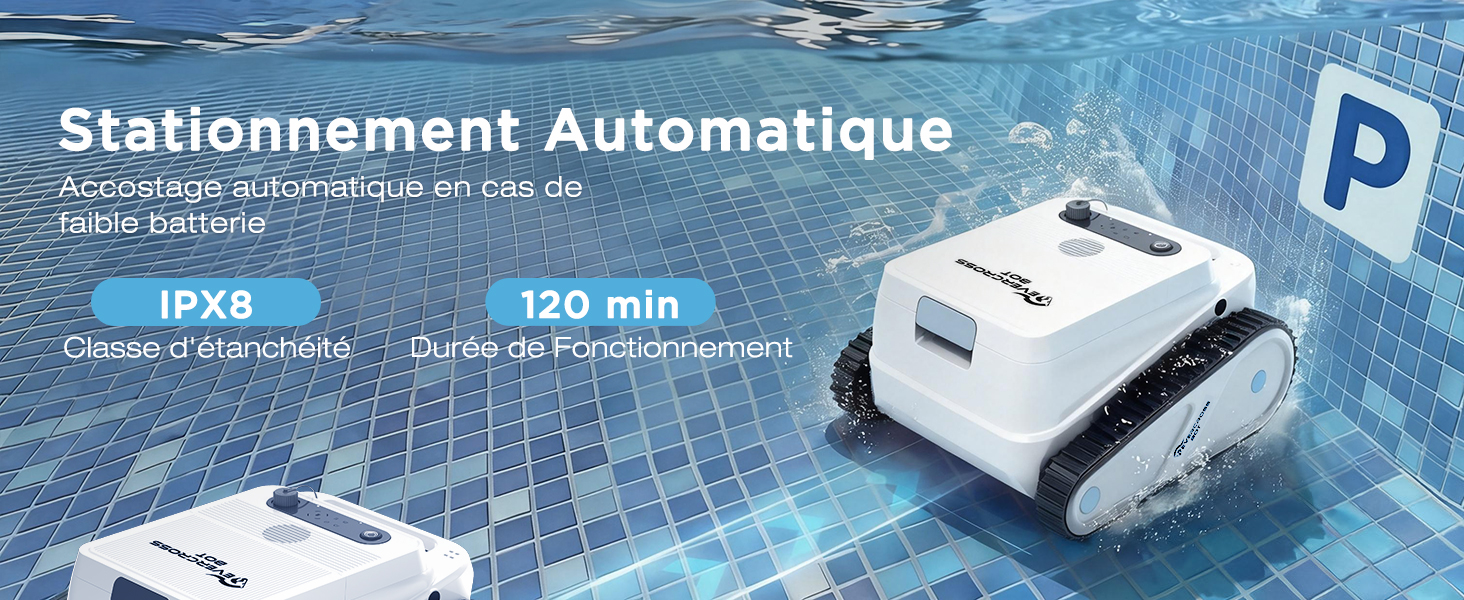 Le texte indique « IPX8 » et « 120 min ». Vues multiples du dispositif de nettoyage de piscine robotique blanc montré dans un environnement bleu sous-marin.