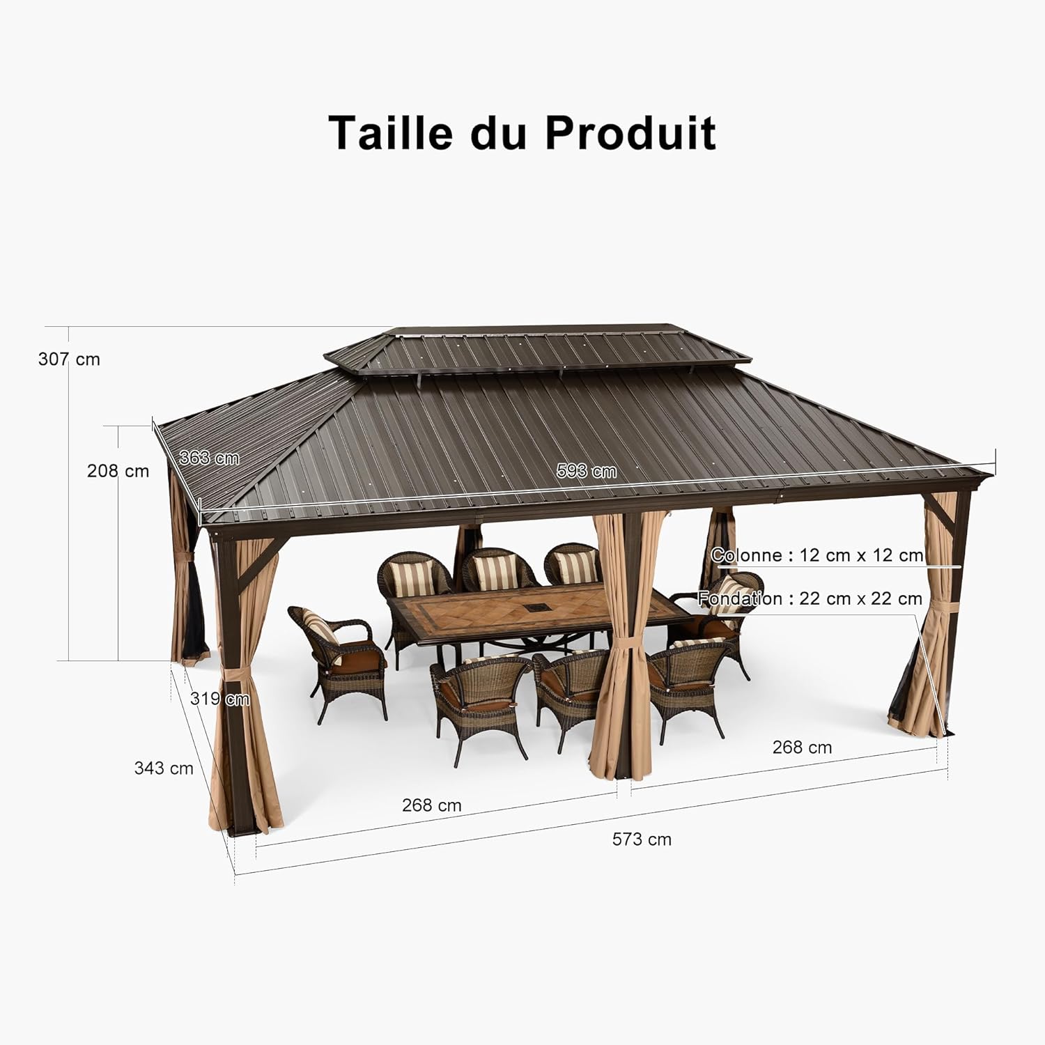 jardinite - tonnelle jardin extérieur - 6x3,65m - alu, éclairage, rideaux, gouttière, poteaux renforcés, bronze