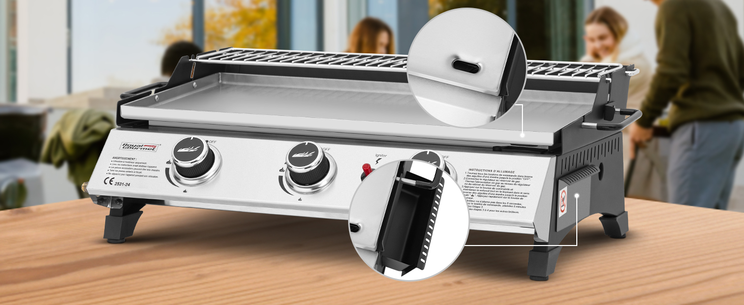 avec deux boutons de commande et une surface de cuisson. Comprend des détails rapprochés du mécanisme de fixation dans un encart circulaire
