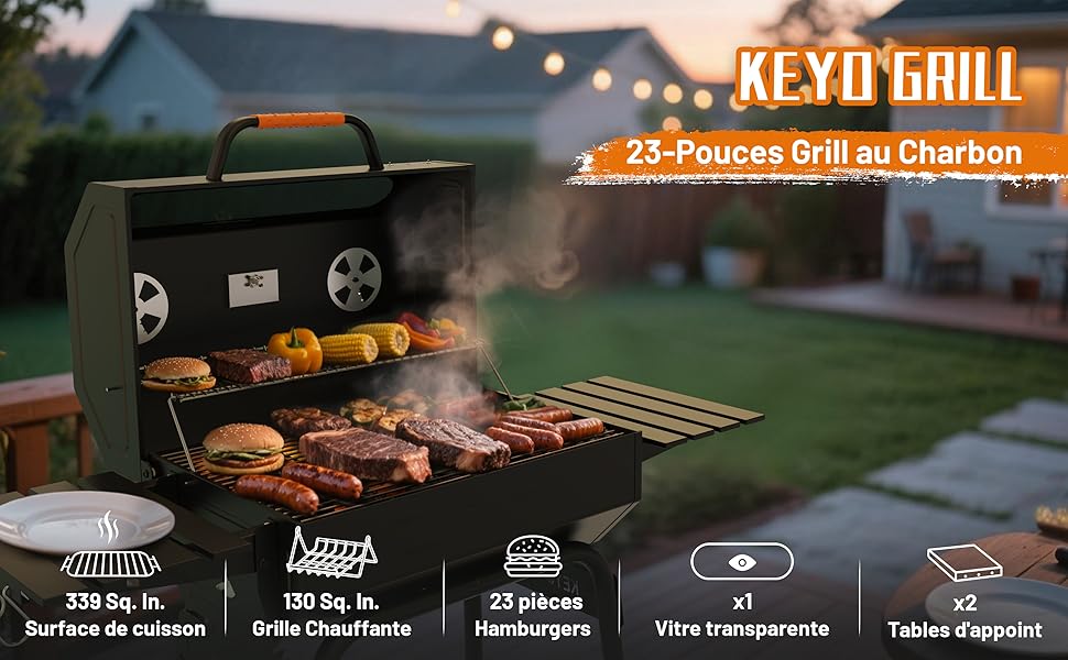 Le texte indique « KEYI GRILL » et « 22 pouces de haut au charbon de bois ». Photo du produit de barbecue extérieur montrant de la viande grillée au coucher du soleil avec les indicateurs de spécifications ci-dessous.