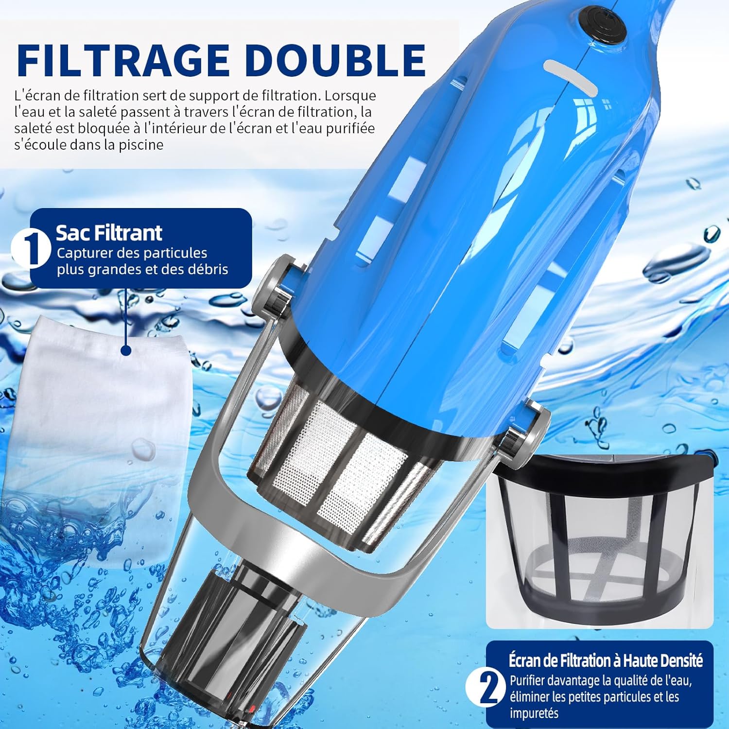 2026 Aspirateur de Piscine à Batterie Rechargeable, Aspirateur à Main sans Fil, 60 Minutes d'Autonomie Nettoyeur Électrique pour Piscine, Jacuzzi, Spa, Bleu