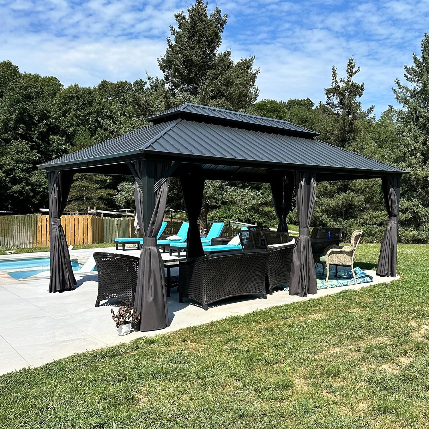 jardinite - Tonnelle double toit rigide, 6 x 3,65 m, moustiquaire, aluminium, gris