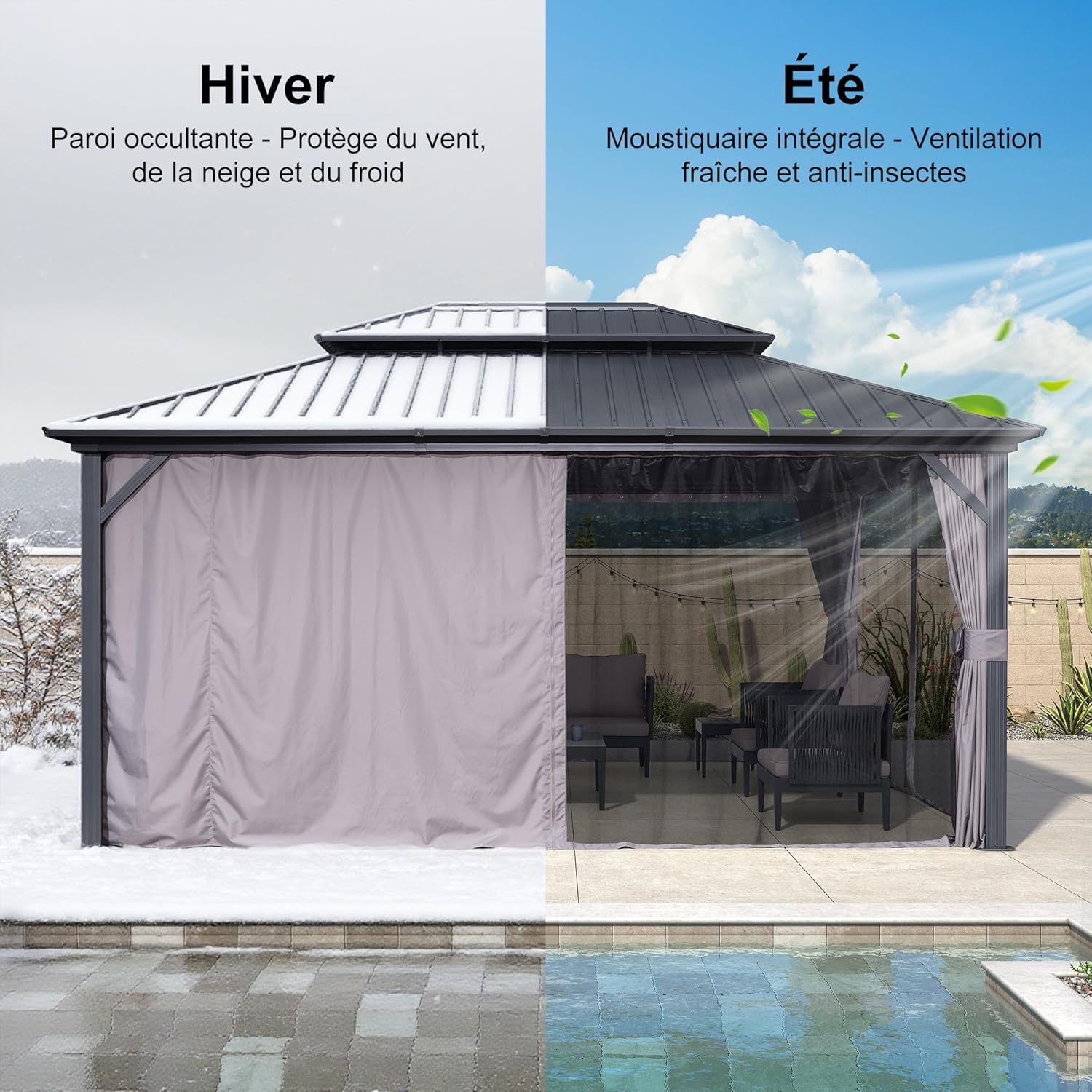 jardinite - pergola série double toit - 4,85x3,65 m - alu acier, rideaux, moustiquaire