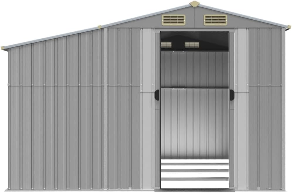 Abri de jardin en acier galvanisé – Organiseur d'outils avec toit incliné 277 x 365,5 x 179 cm – Durable pour bûches et charbon pour une utilisation en extérieur – Gris