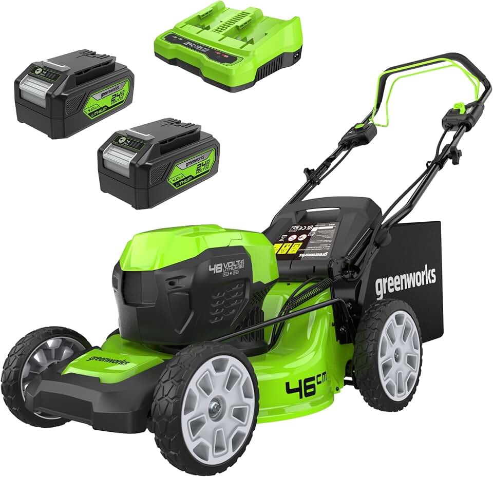 jardinite 48V (24V x 2) Tondeuse à Gazon Sans Fil Autopropulsée Pelouses Jusqu'à 480m², Largeur de Coupe 46cm, Sac 55L, INCLUS 2 X 24V 4Ah et Chargeur Double, Garantie 3 Ans , GD24X2LM46SPK4X
