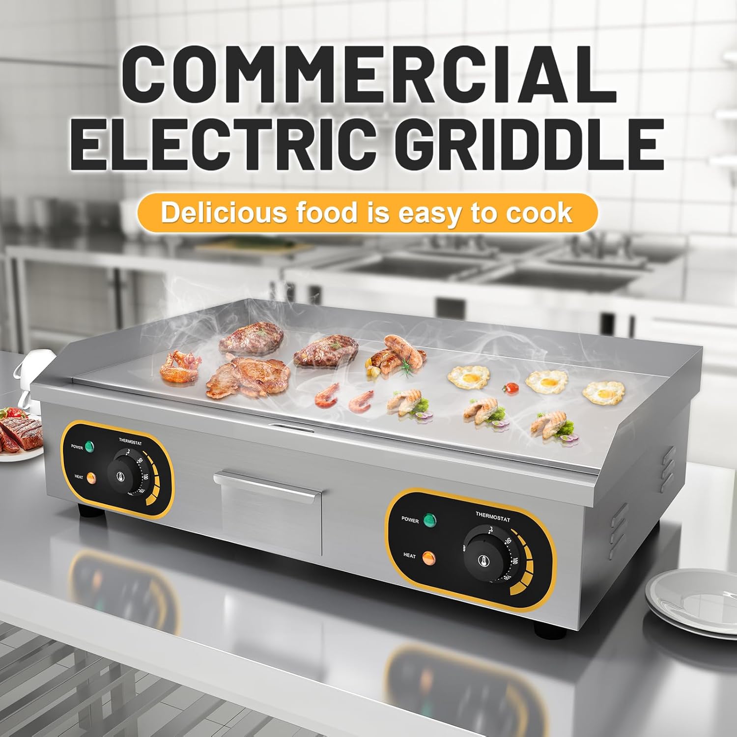 Plancha électrique inox professionnelle 73x43cm 4400W, 2 thermostats