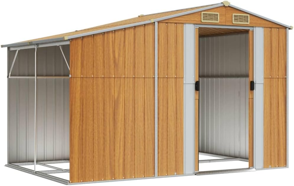 Abri de jardin marron clair 277 x 192,5 x 179 cm en acier galvanisé avec support pour bois de chauffage et 4 ouvertures d'aération pour outils de jardin et équipements