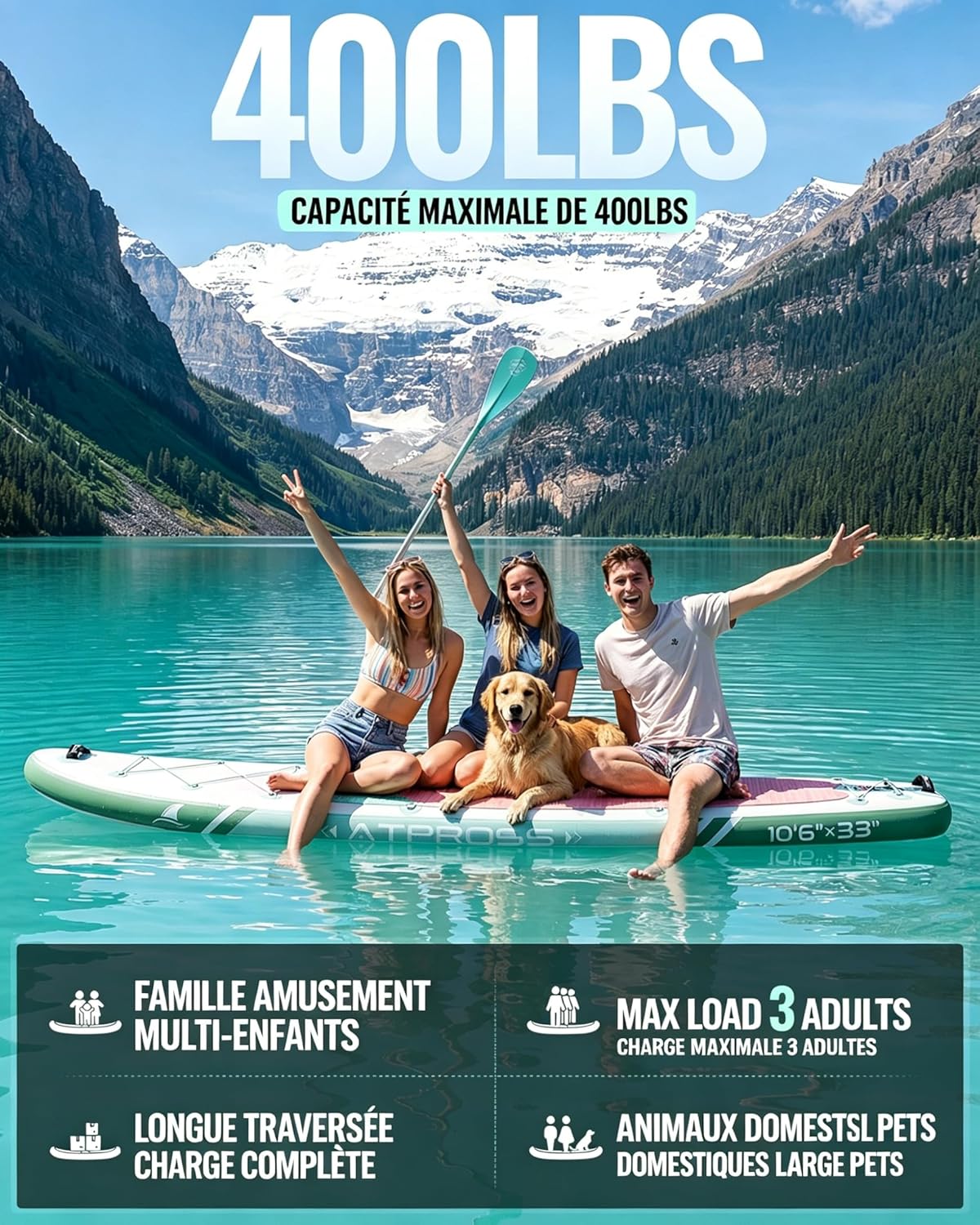 Stand Up Paddle Gonflable Adulte avec Siège Kayak & Accessoires, 320x84cm Planche de Sup Extra Large pour 2 Personnes, Charge 200kg, Kayak Gonflable 2 Places Stable et Antidérapant pour Surf