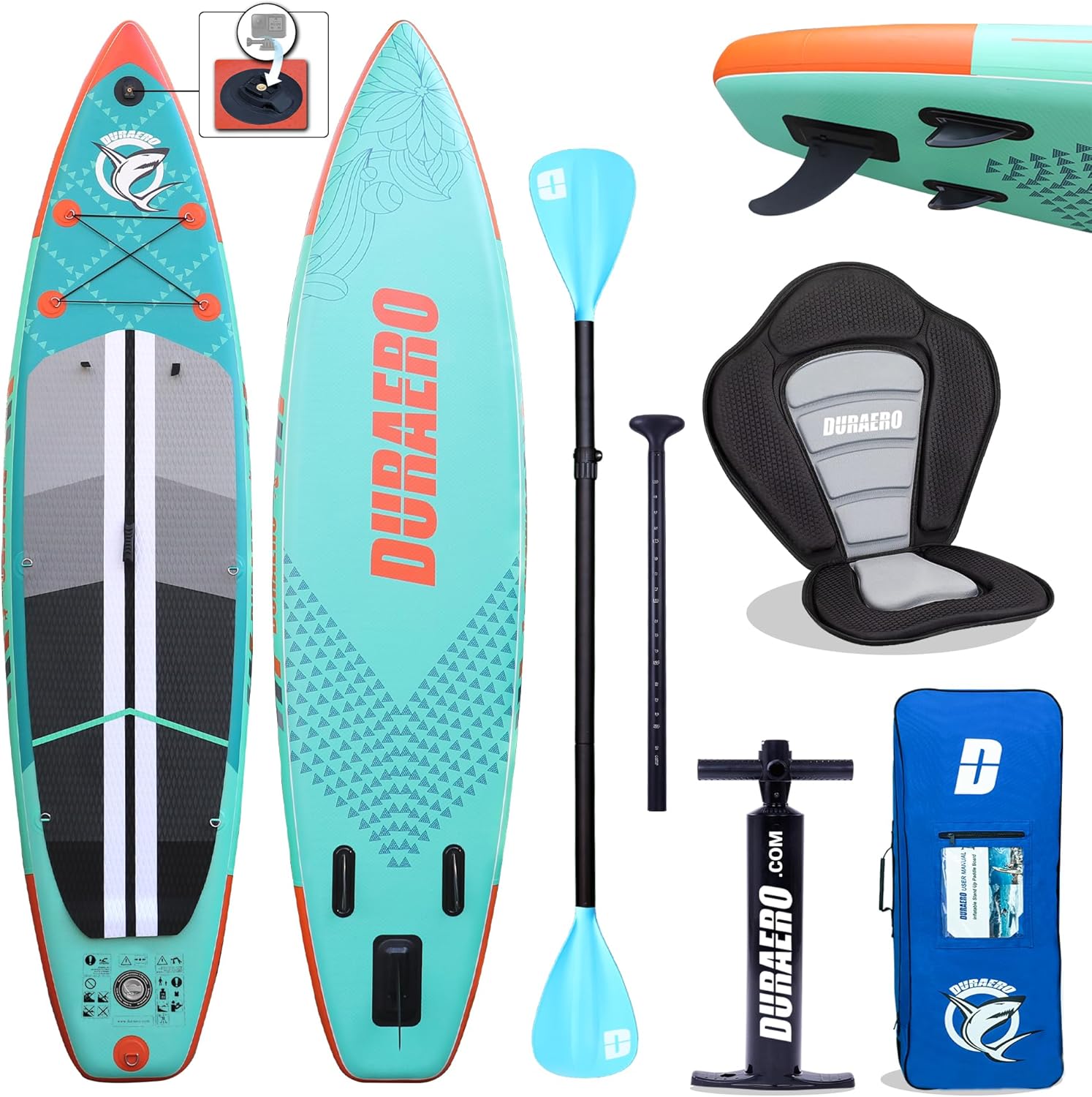 Siège de Kayak Gonflable Stand Up Paddle et Support de caméra, pagaie 2 en 1 330x76x15cm, Pompe jusqu'à 150kg avec Sangle de Pied, Sac à Dos