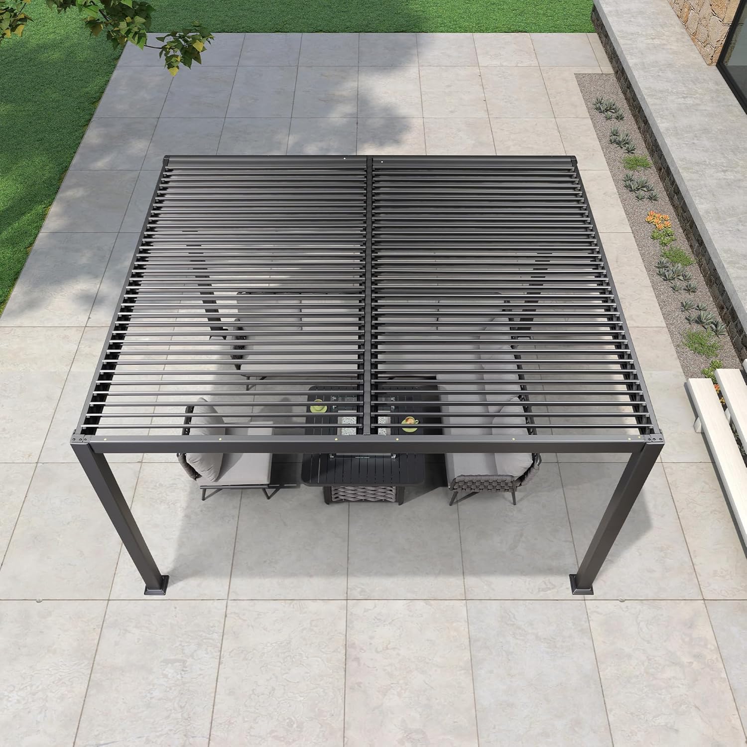 jardinite - pergola bioclimatique - 3x3,65m - aluminium, lames orientables, gris