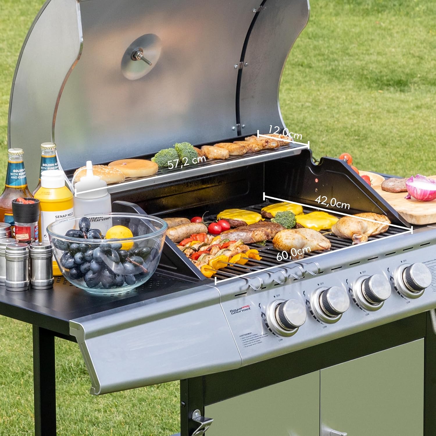 jardinite - Barbecue Gaz 4+1 brûleurs inox - 14,5kW - 2 portes, thermomètre, roues directionnelles