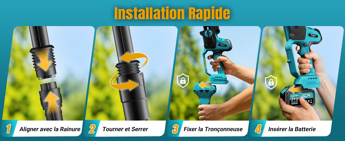 Le texte indique « Installation rapide » et les étapes d'installation en français. Séquence d'instructions à quatre panneaux montrant le processus d'installation étape par étape, les mains démontrant la fixation à un équipement d'irrigation extérieure ou de jardinage.