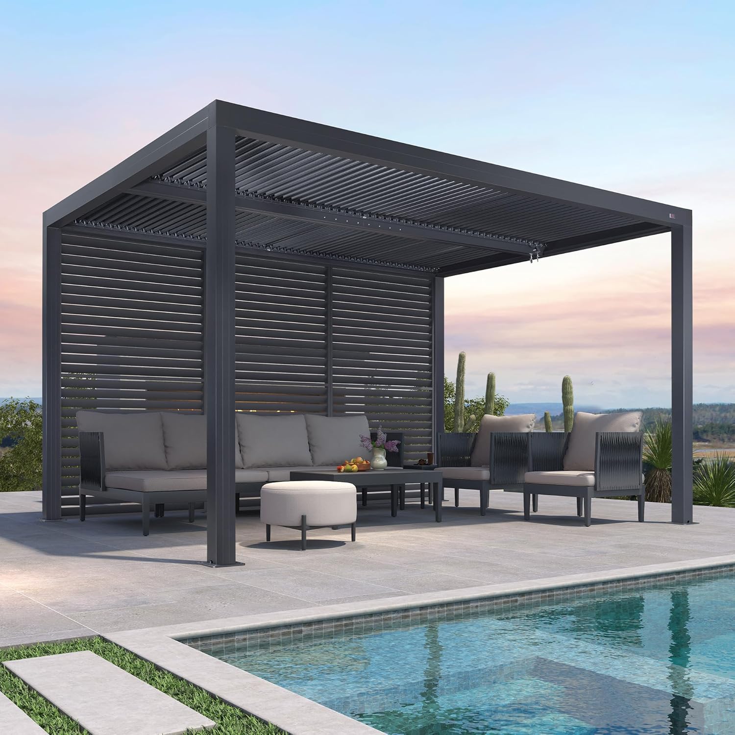 jardinite - Pergola bioclimatique 4x3,3m alu, lames orientables, gris