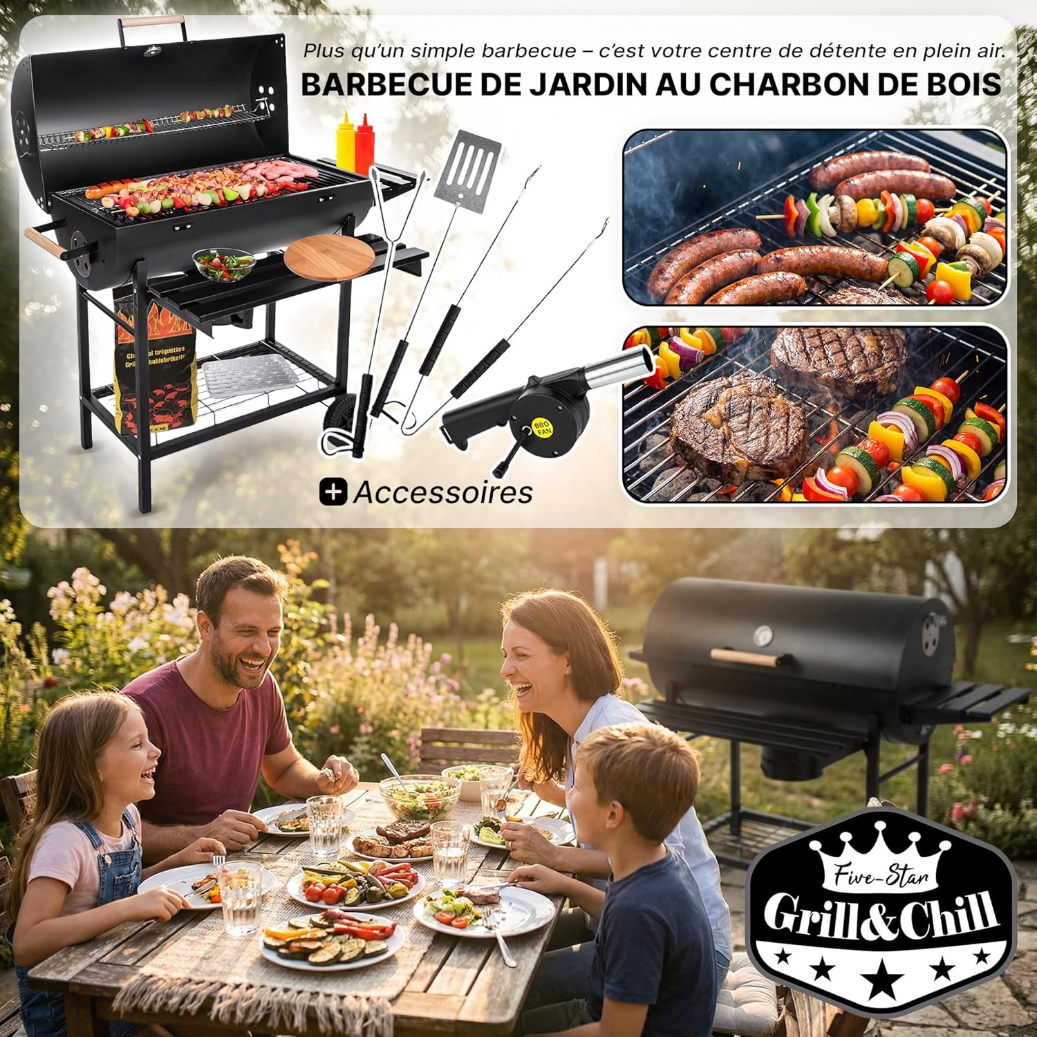 Five-Star – Grill & Chill série – 71×35 cm – barbecue charbon couvercle, thermomètre, cendrier, roues – GC0002