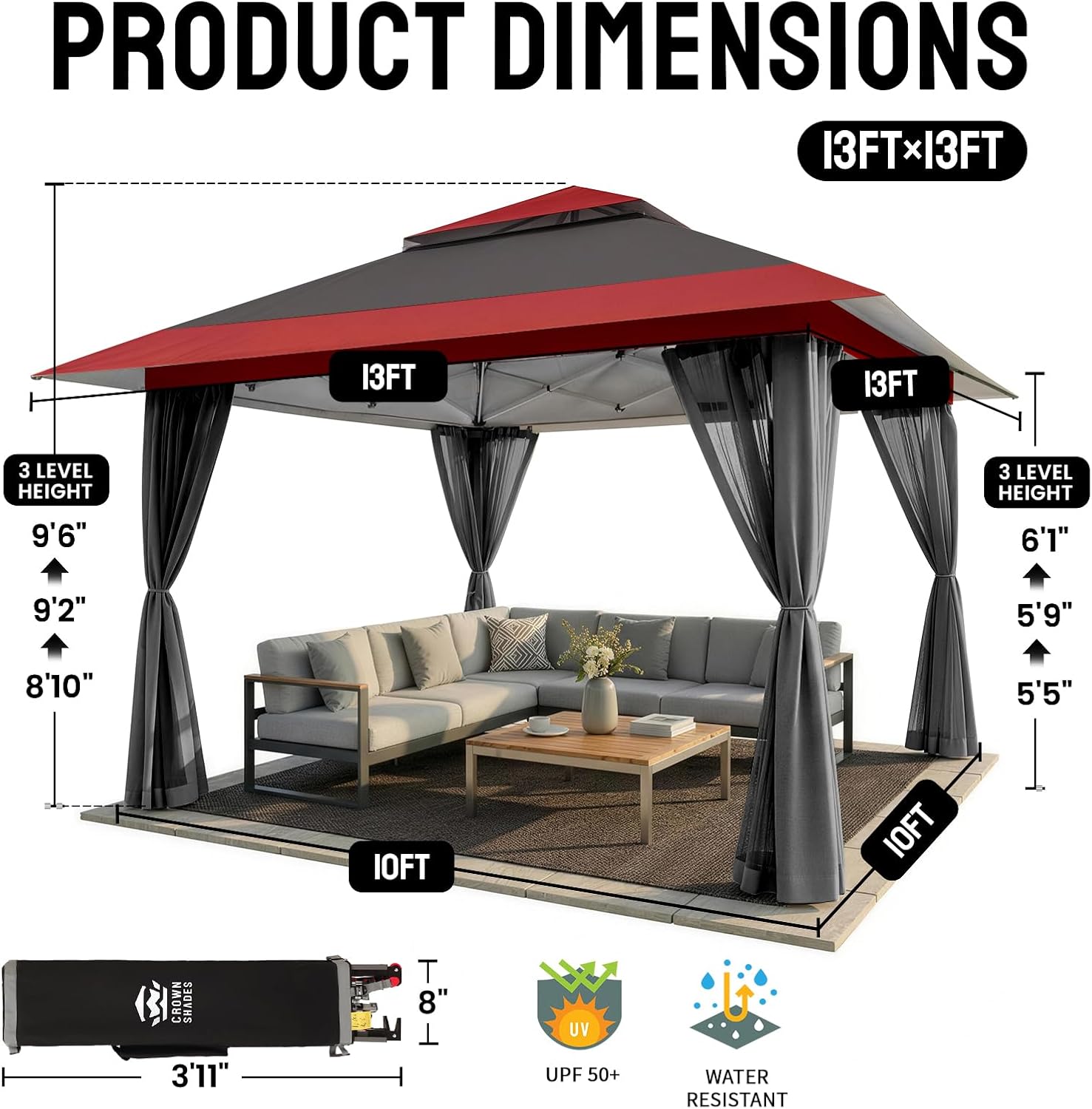 jardinite - tonnelle série pop up - 4x4m - imperméable, hauteur réglable, double toit, côtés zippés, sac transport