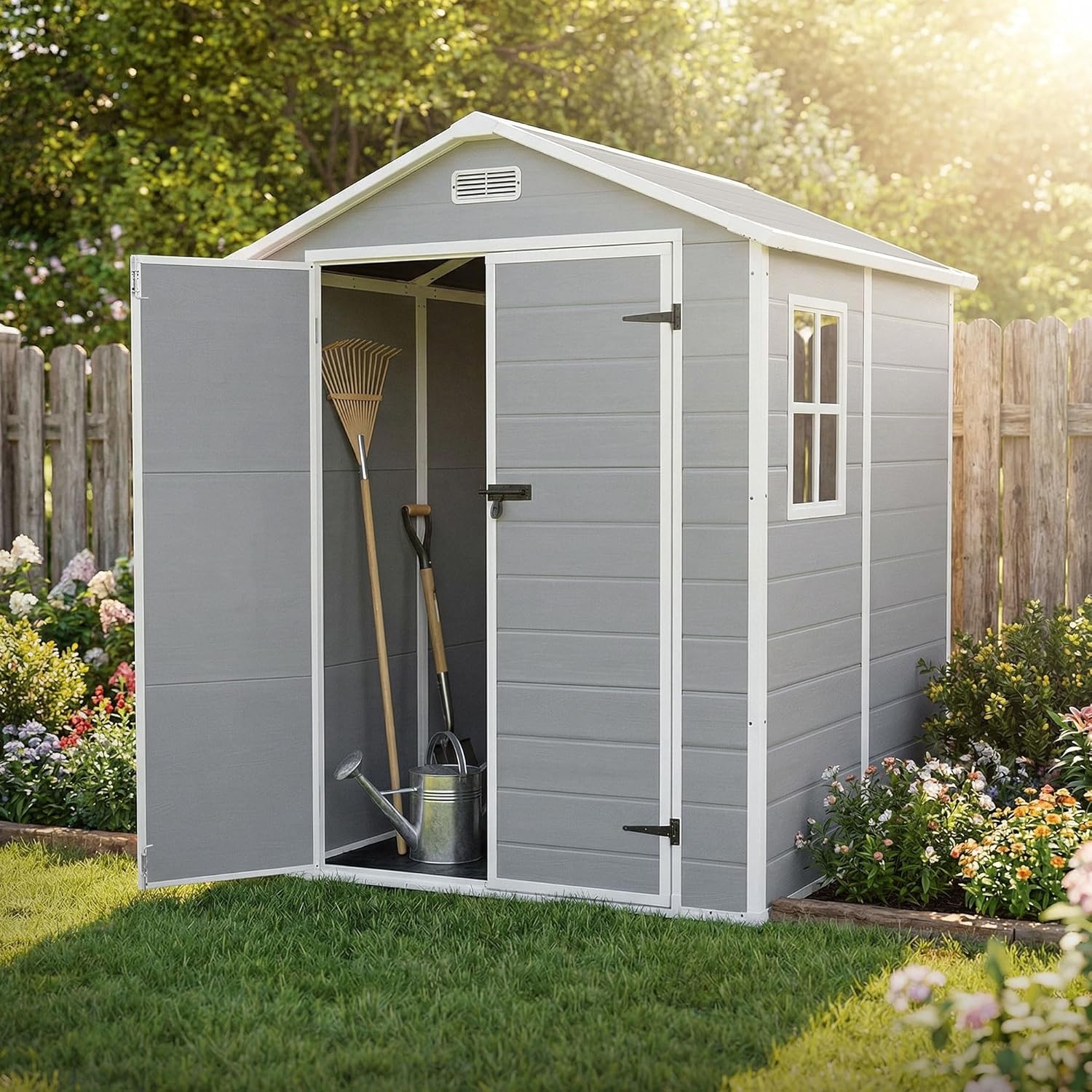 jardinite - abri de jardin résine, 151x182x220 cm, double porte, fenêtre, 5m³